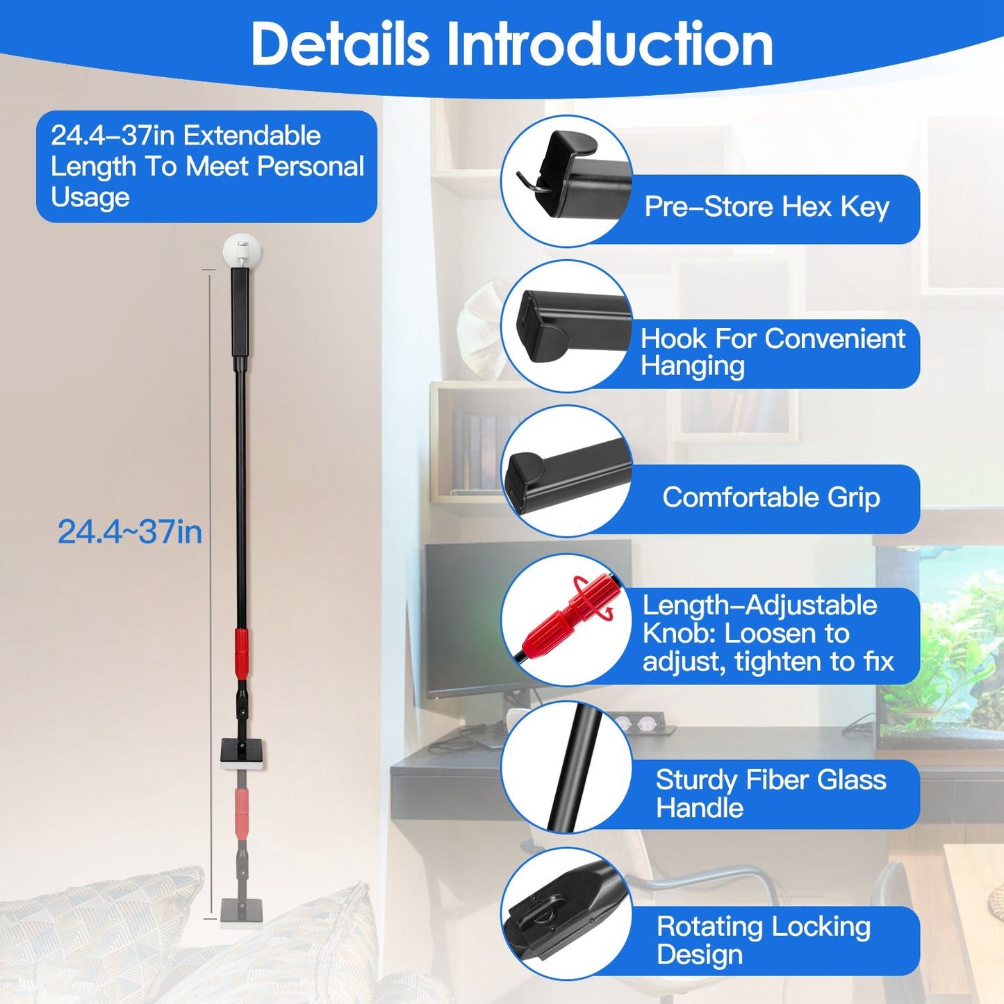 Handle details panel showing adjustable 24.4–37 in fiberglass pole, grip, hook, hex key storage and locking knob