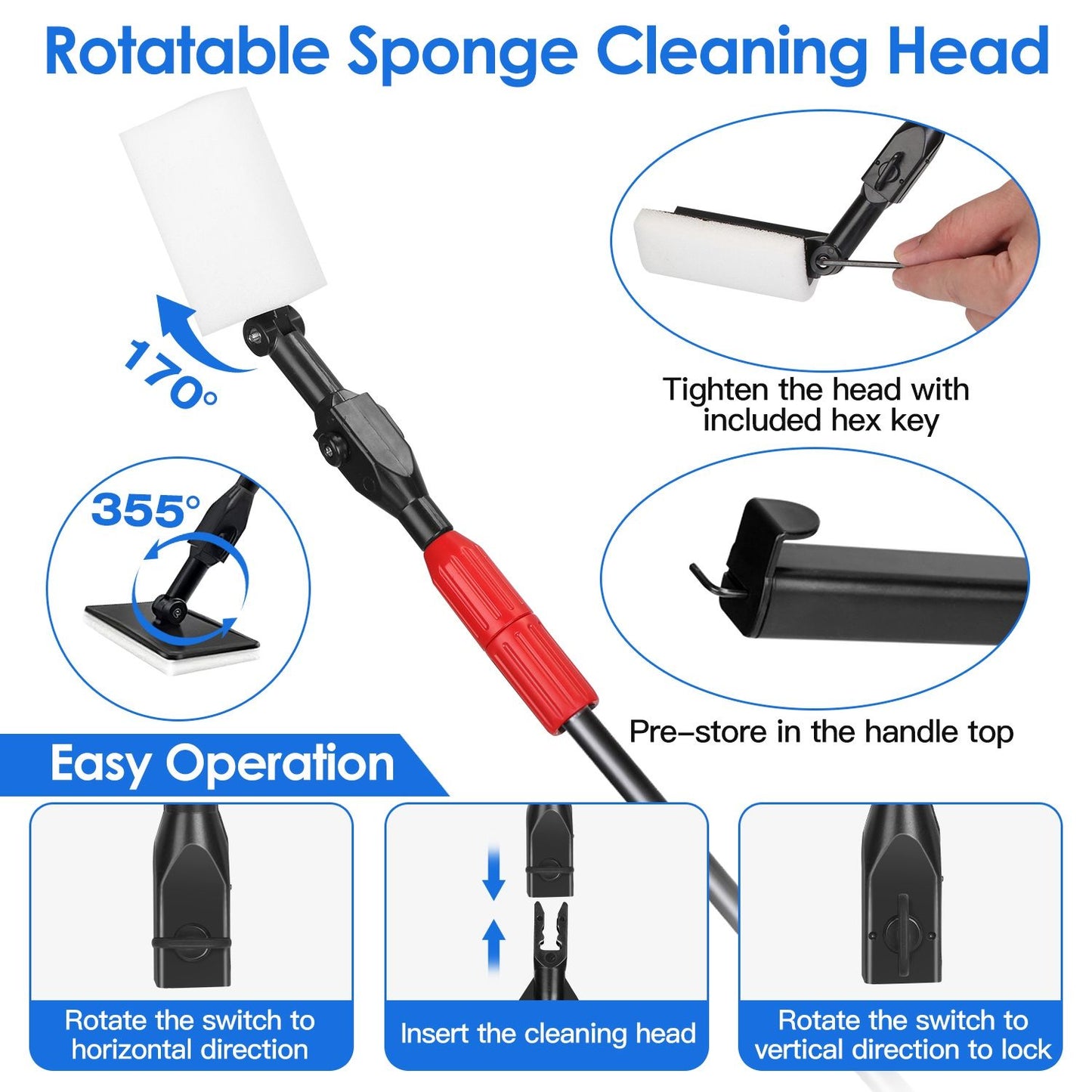 Infographic of rotatable sponge head with 355°/170° rotation, hex key storage and locking mechanism