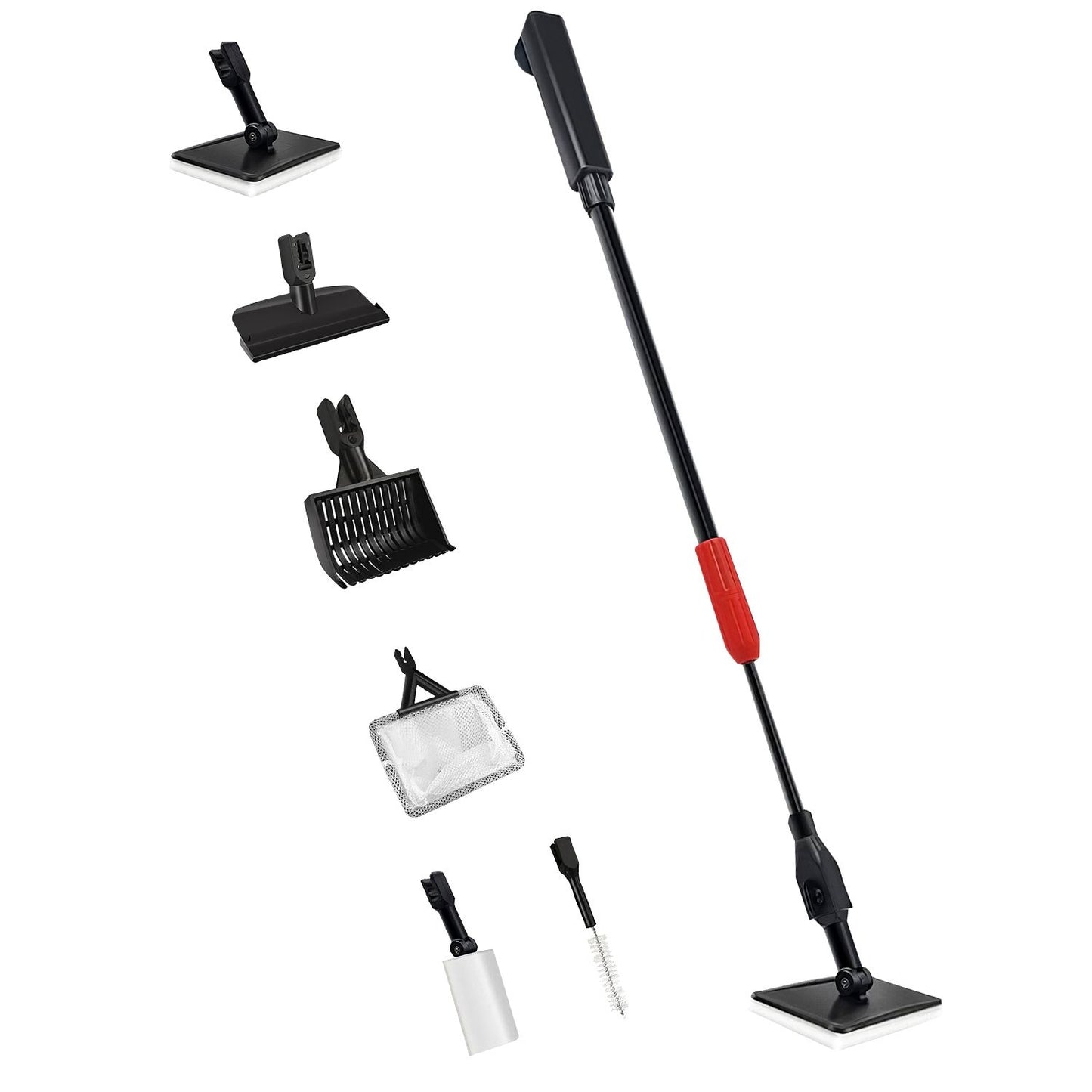 6‑in‑1 aquarium cleaning kit with extendable handle and six interchangeable heads on white background