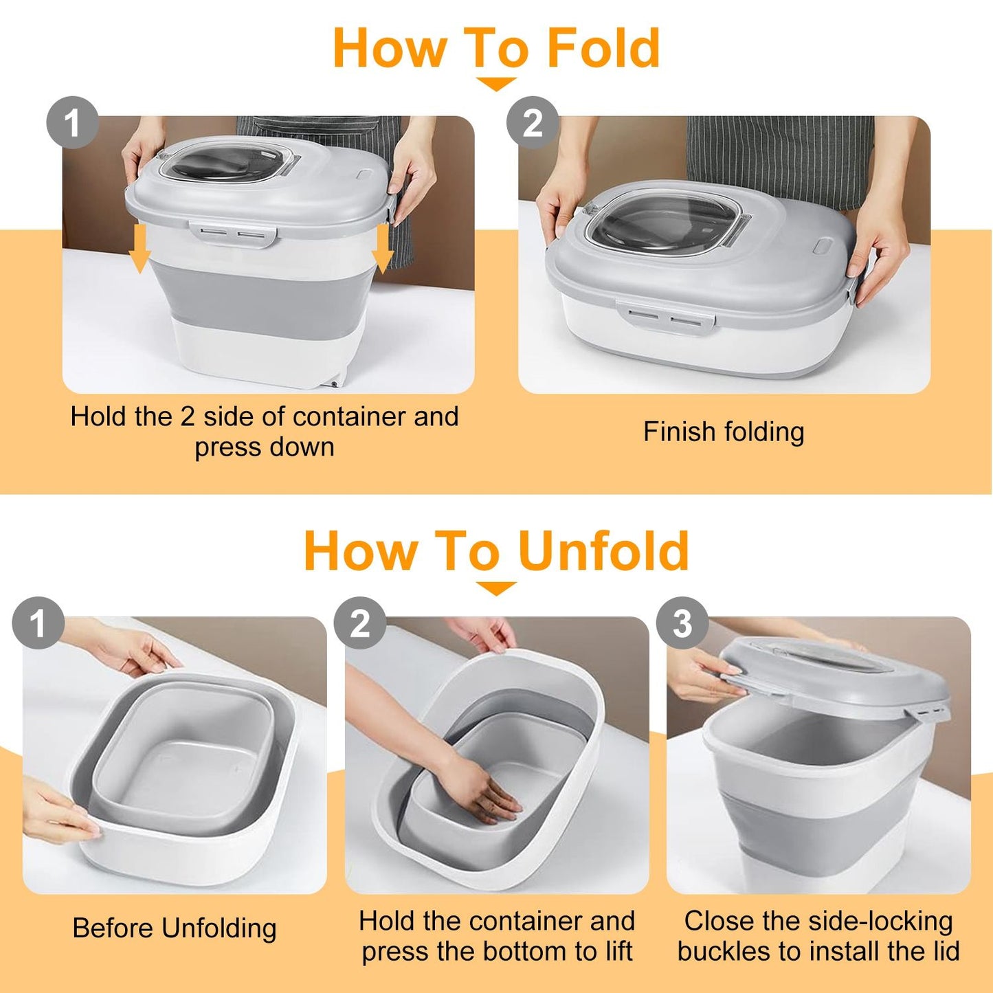 Step-by-step images showing how to fold and unfold the collapsible food storage container