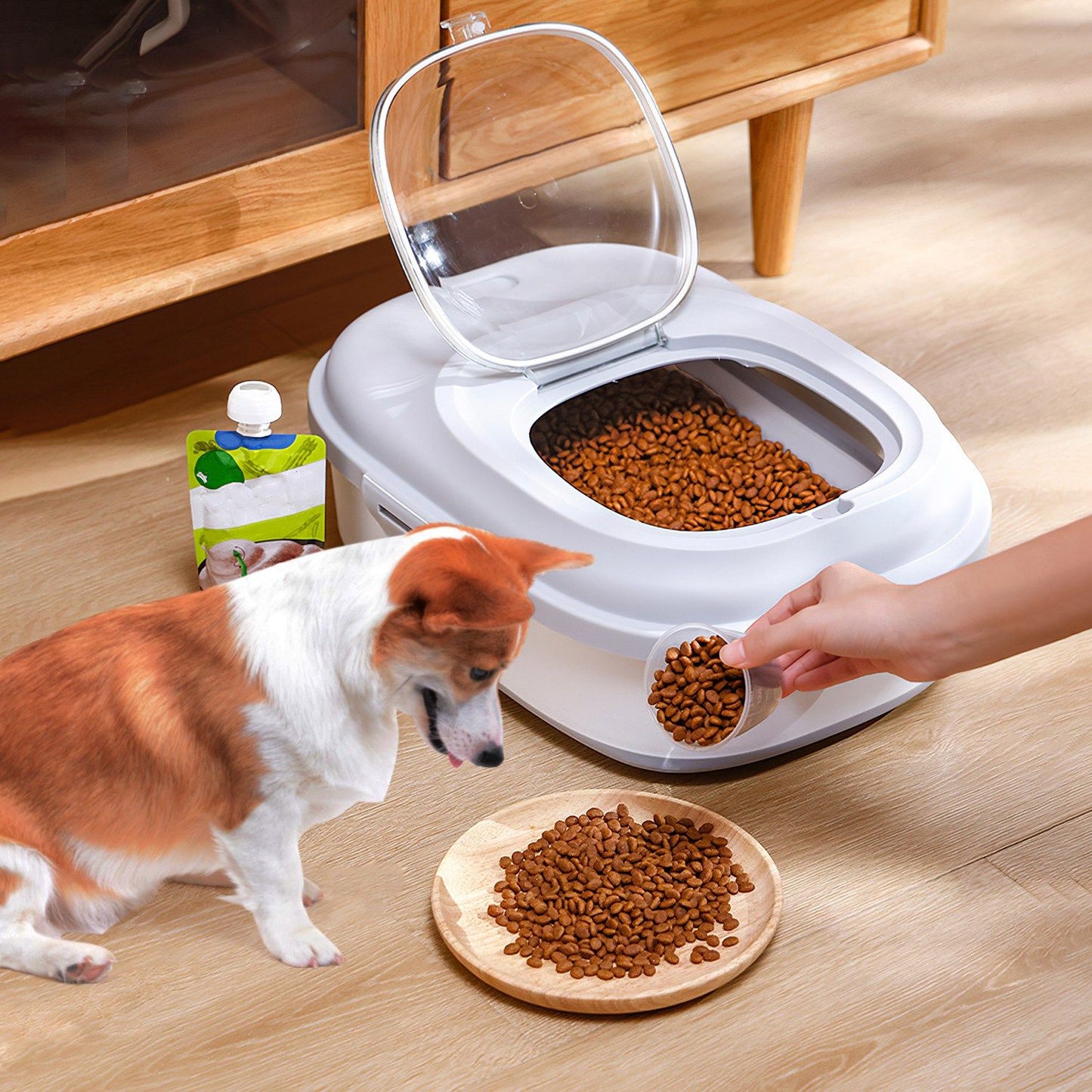 Person scooping dog kibble from open collapsible container while dog watches