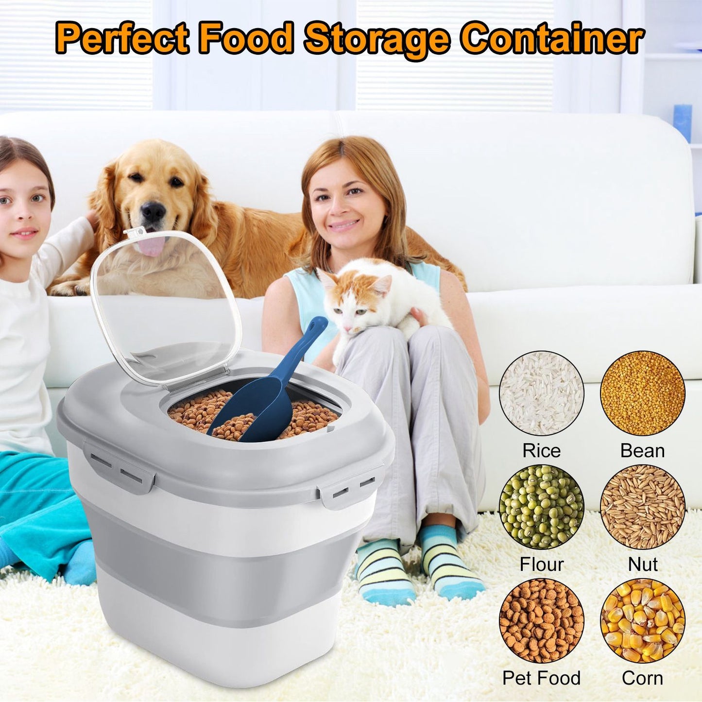 Container filled with pet food and scoop in living room with dog and cat, showing pantry uses