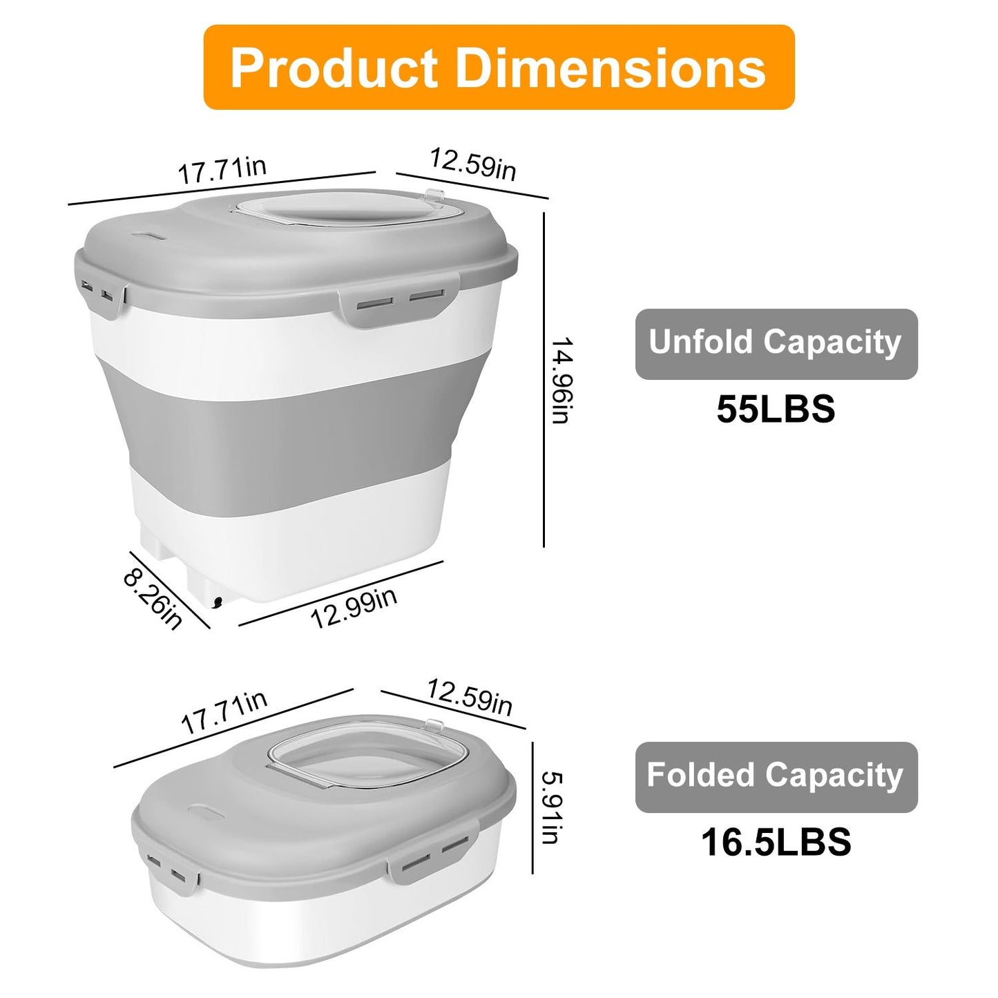 Dimension diagram showing unfolded and folded sizes plus 55lbs and 16.5lbs capacity