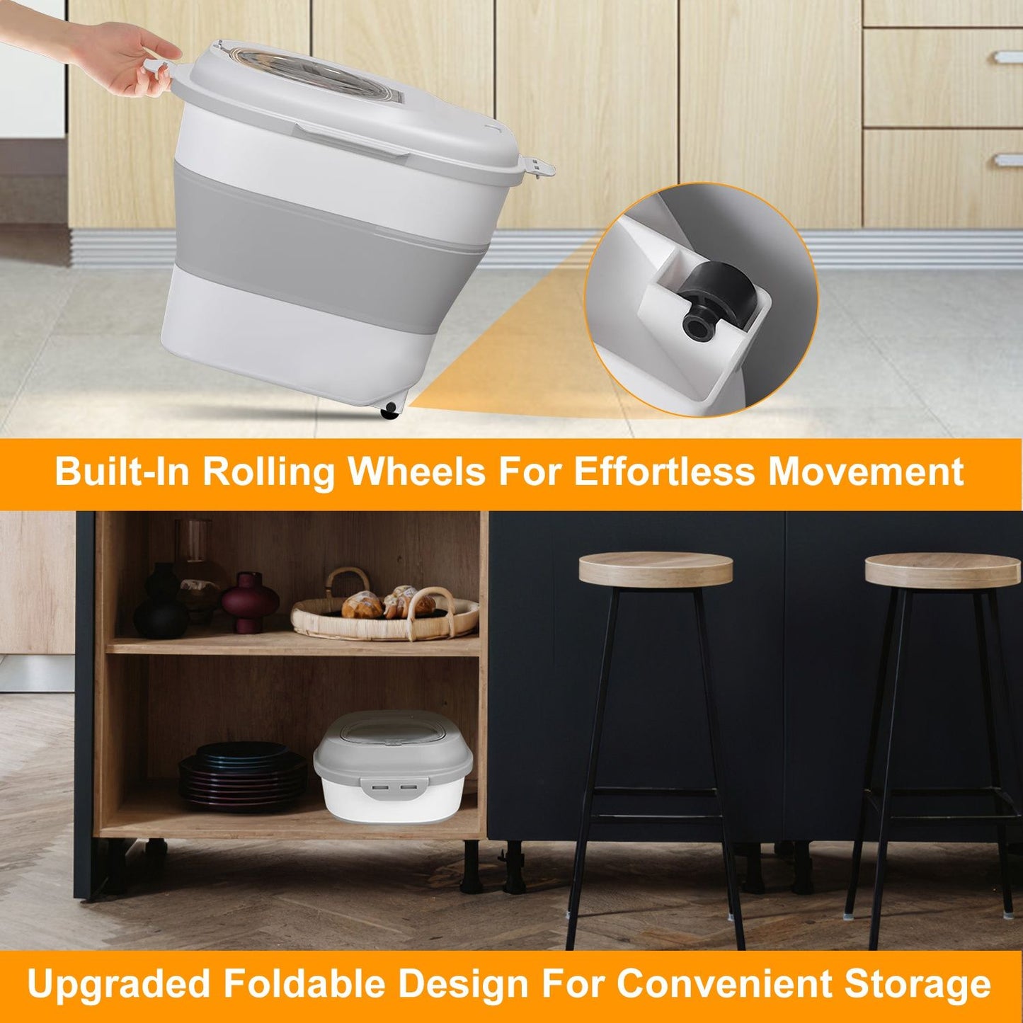 Collapsible food container tilted to show built-in wheels and stored under a cabinet
