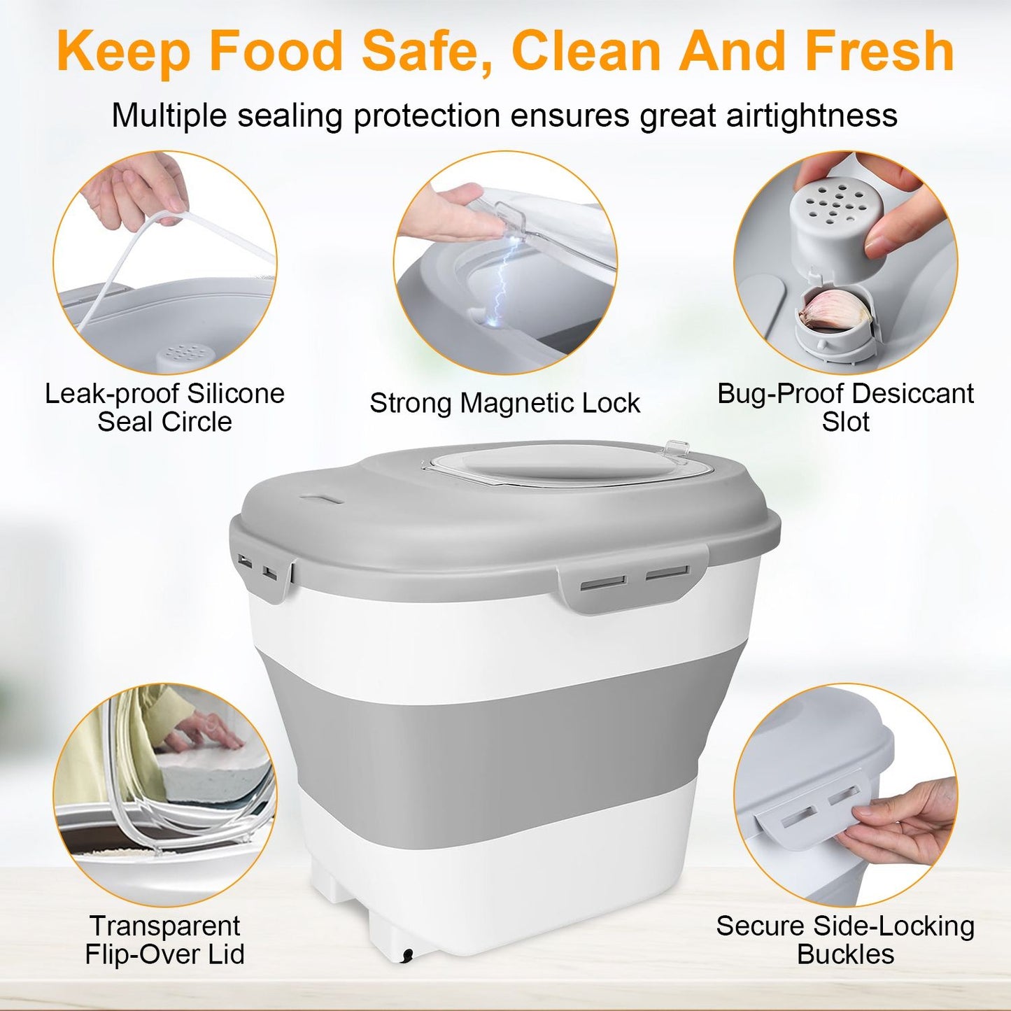 Infographic highlighting silicone seal, magnetic lock and desiccant slot for airtight food storage