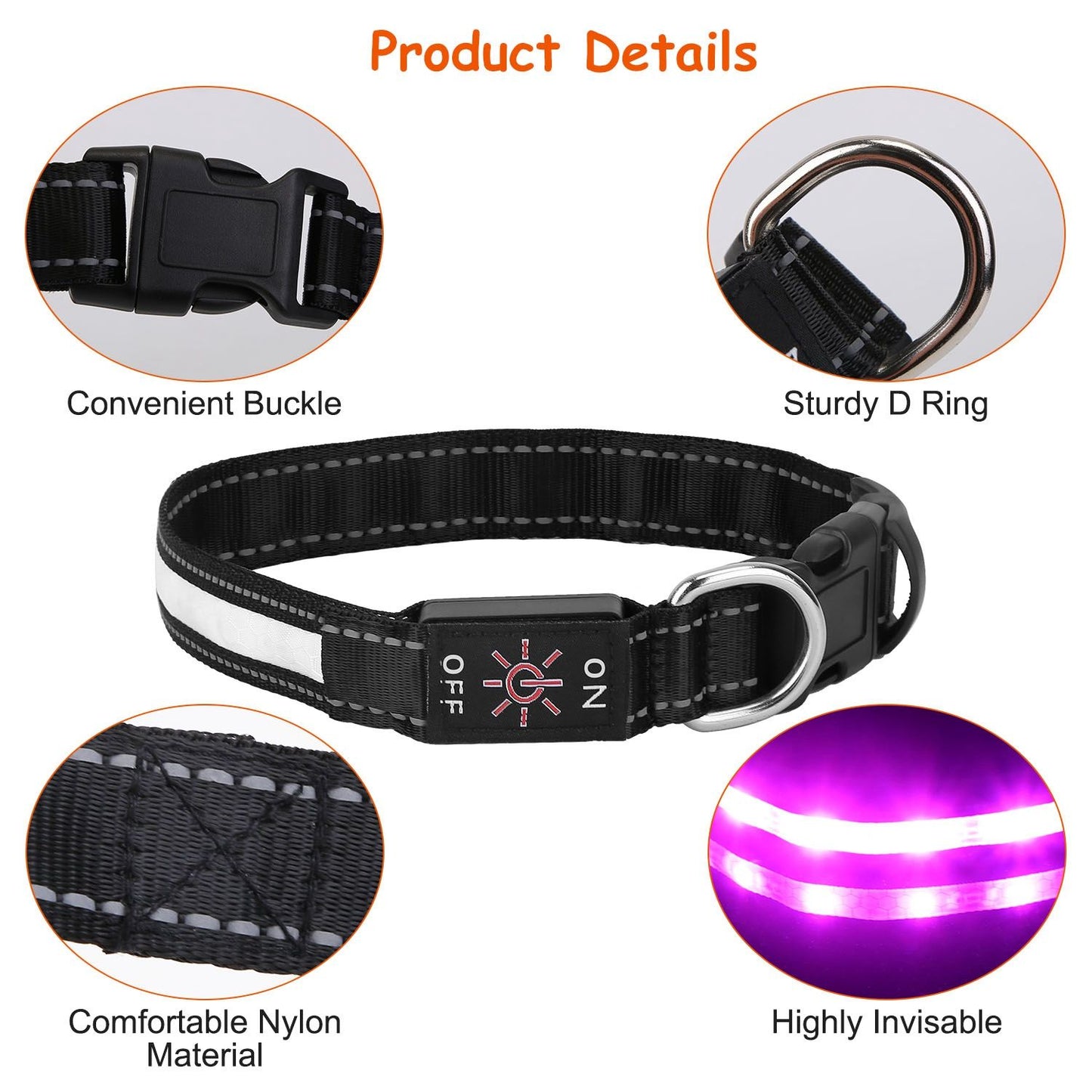 LED collar with charging cable plugged into laptop USB showing red charging indicator light