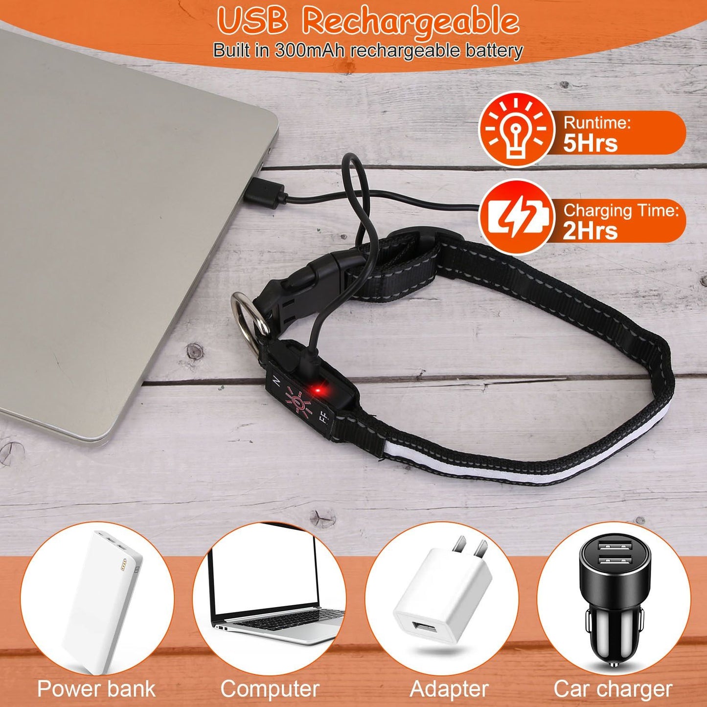 Adjustable LED collars S M L shown above a variety of dogs with a size measurement table