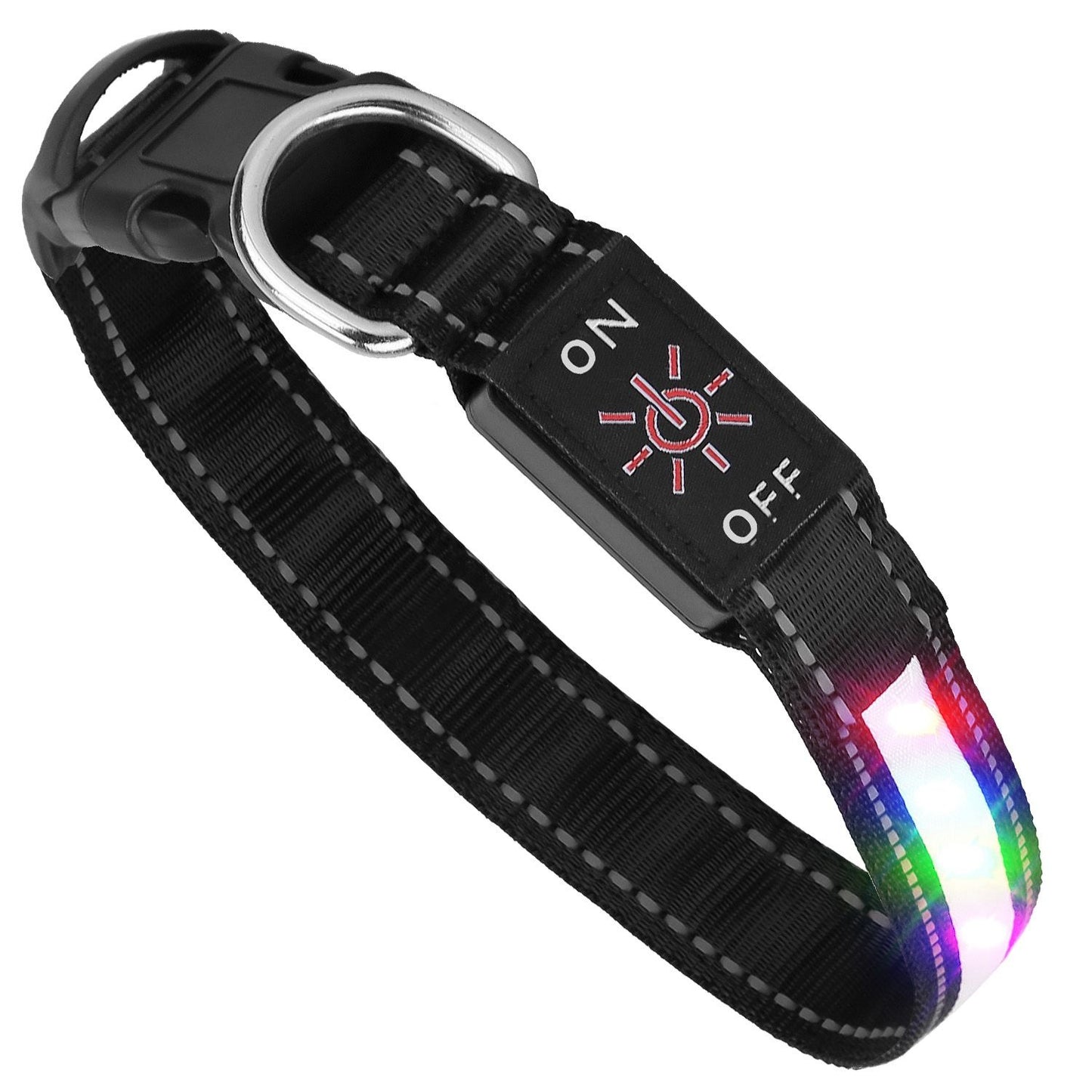 Black LED dog collar close-up with buckle, D-ring, control module and lit RGB strip
