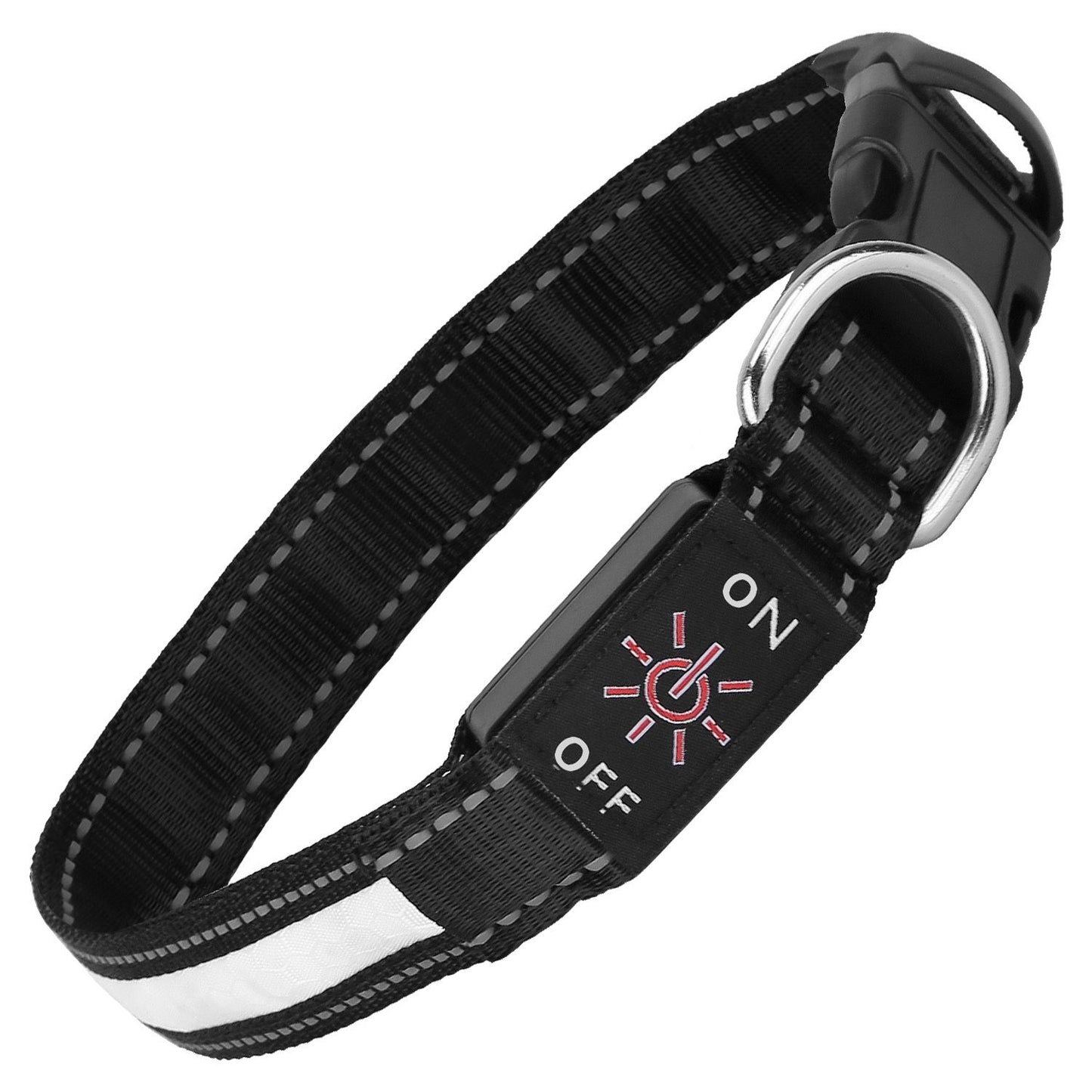Angled view of LED dog collar showing power module, D-ring and reflective stitched strap
