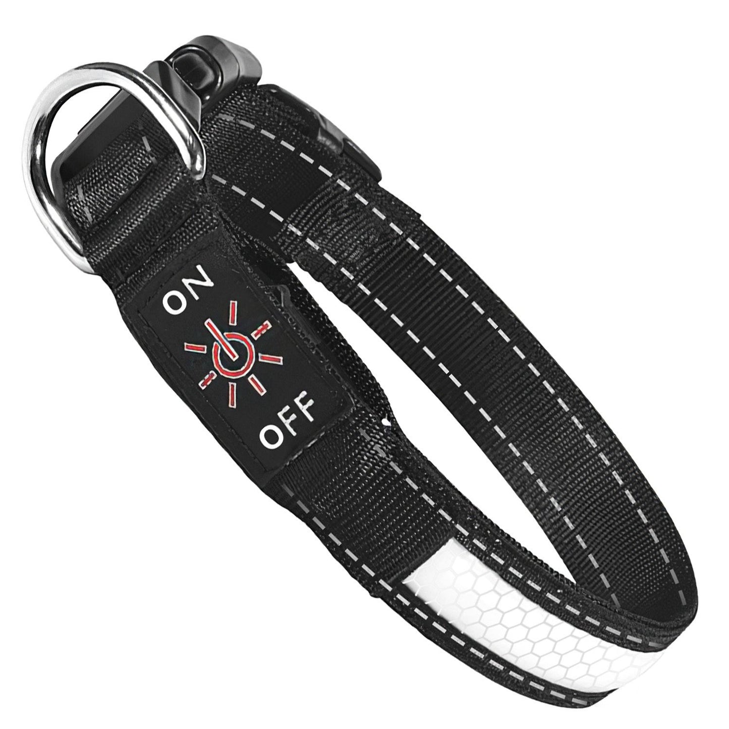 Black nylon LED collar on white background showing D-ring, control module and reflective strip