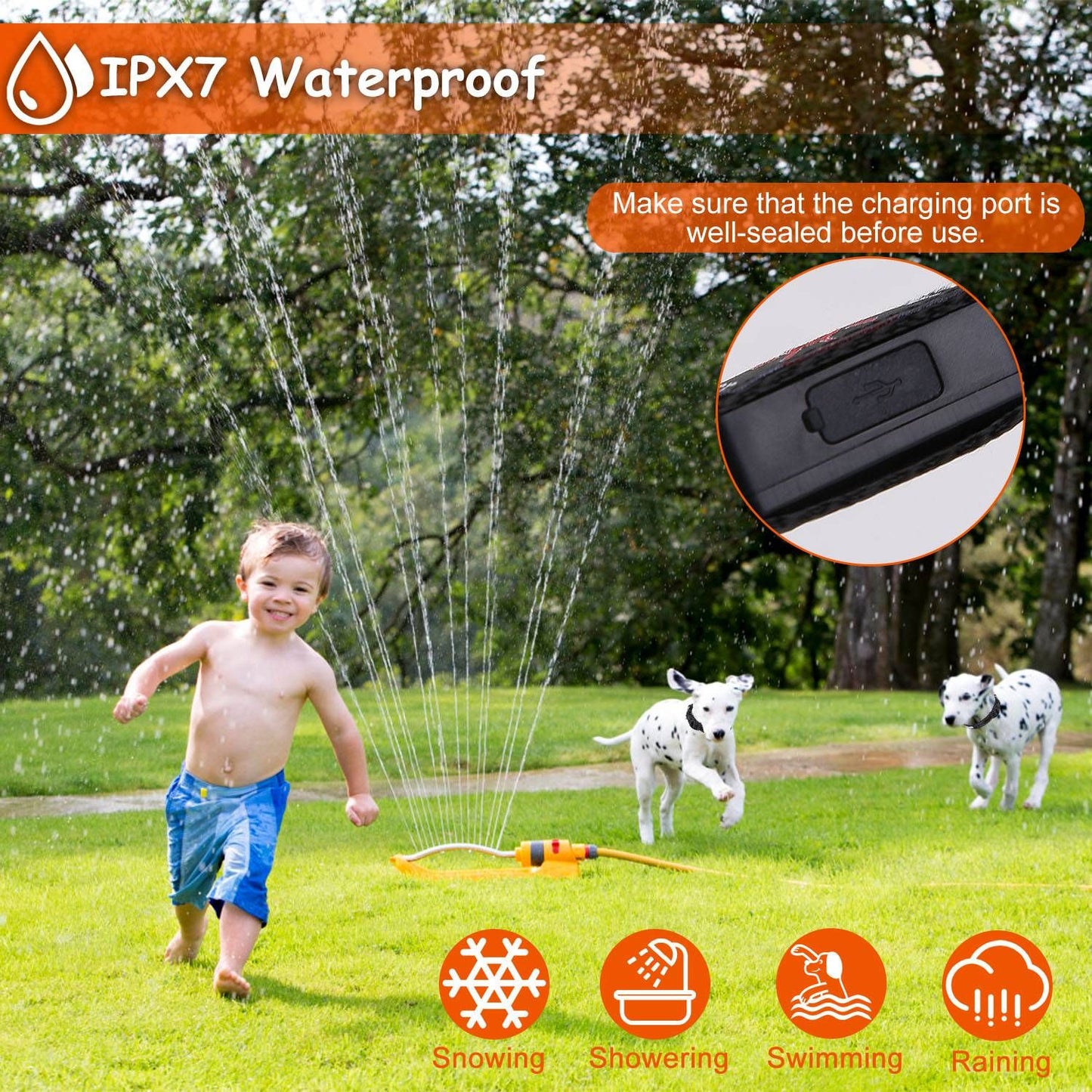 Backyard sprinkler scene with dogs and inset of sealed charging port to show waterproof rating