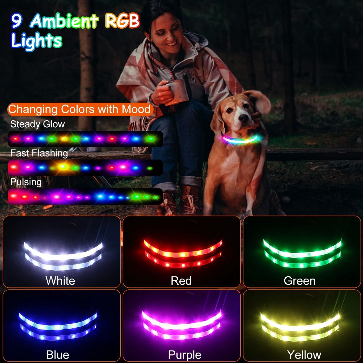 Graphic of nine RGB color options and three lighting modes available on the LED collar