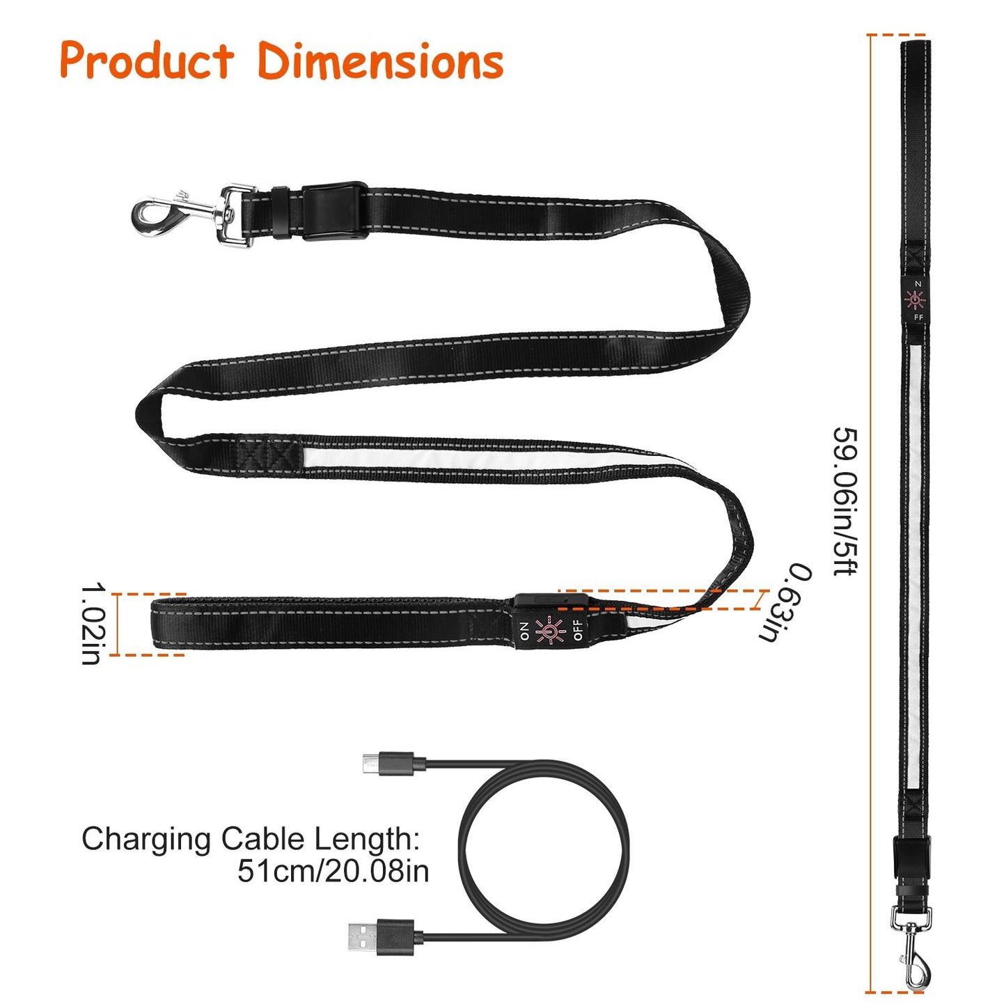 top view of LED leash laid out with dimensions labeled showing 5ft length and included charging cable