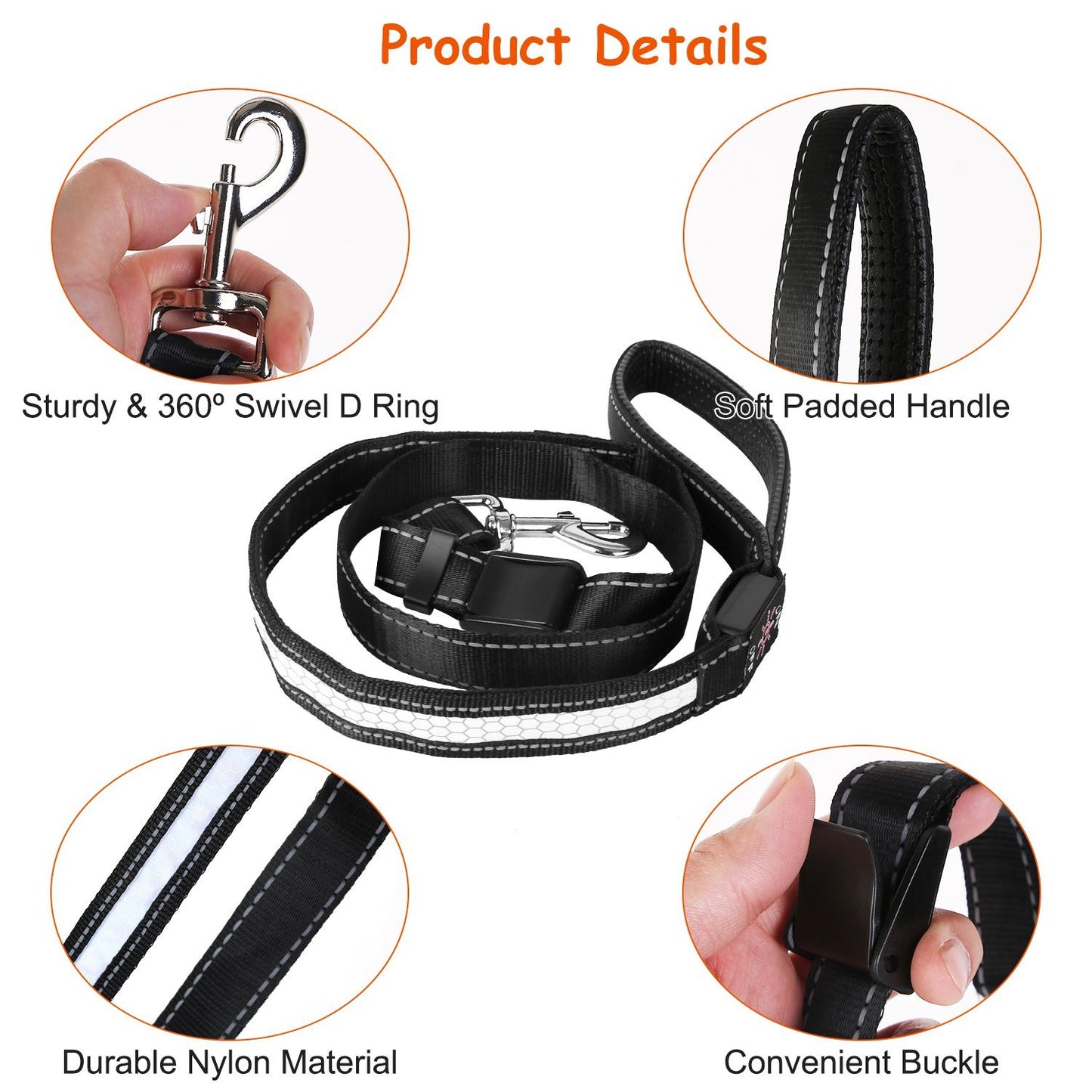detail shots of swivel snap, padded handle, reflective nylon webbing and quick-release buckle