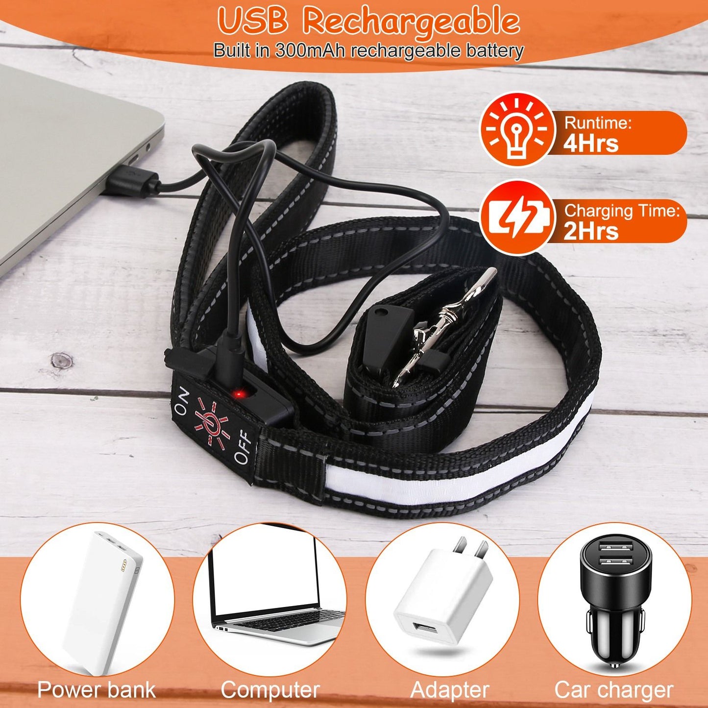 LED leash with USB charging cable connected showing rechargeable battery and on off control