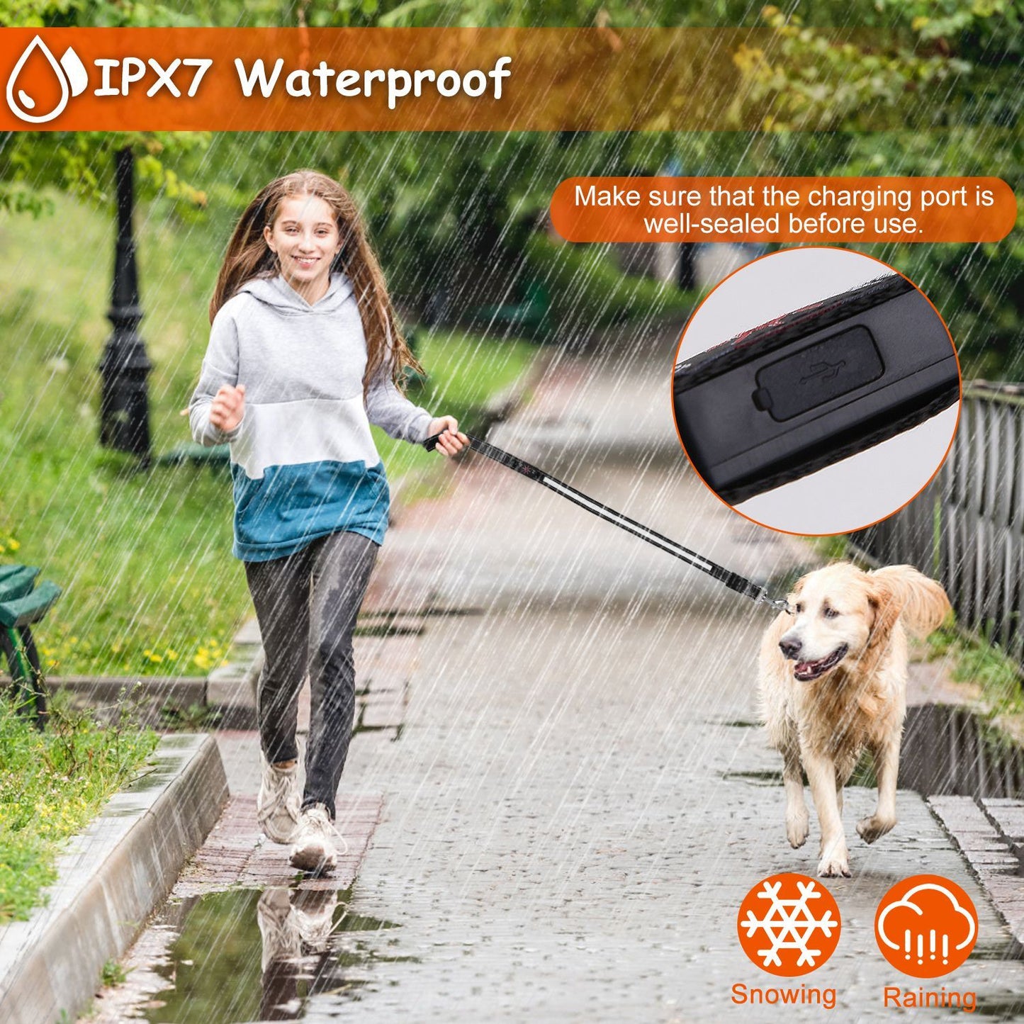 person jogging dog in rain demonstrating waterproof LED leash and sealed charging port