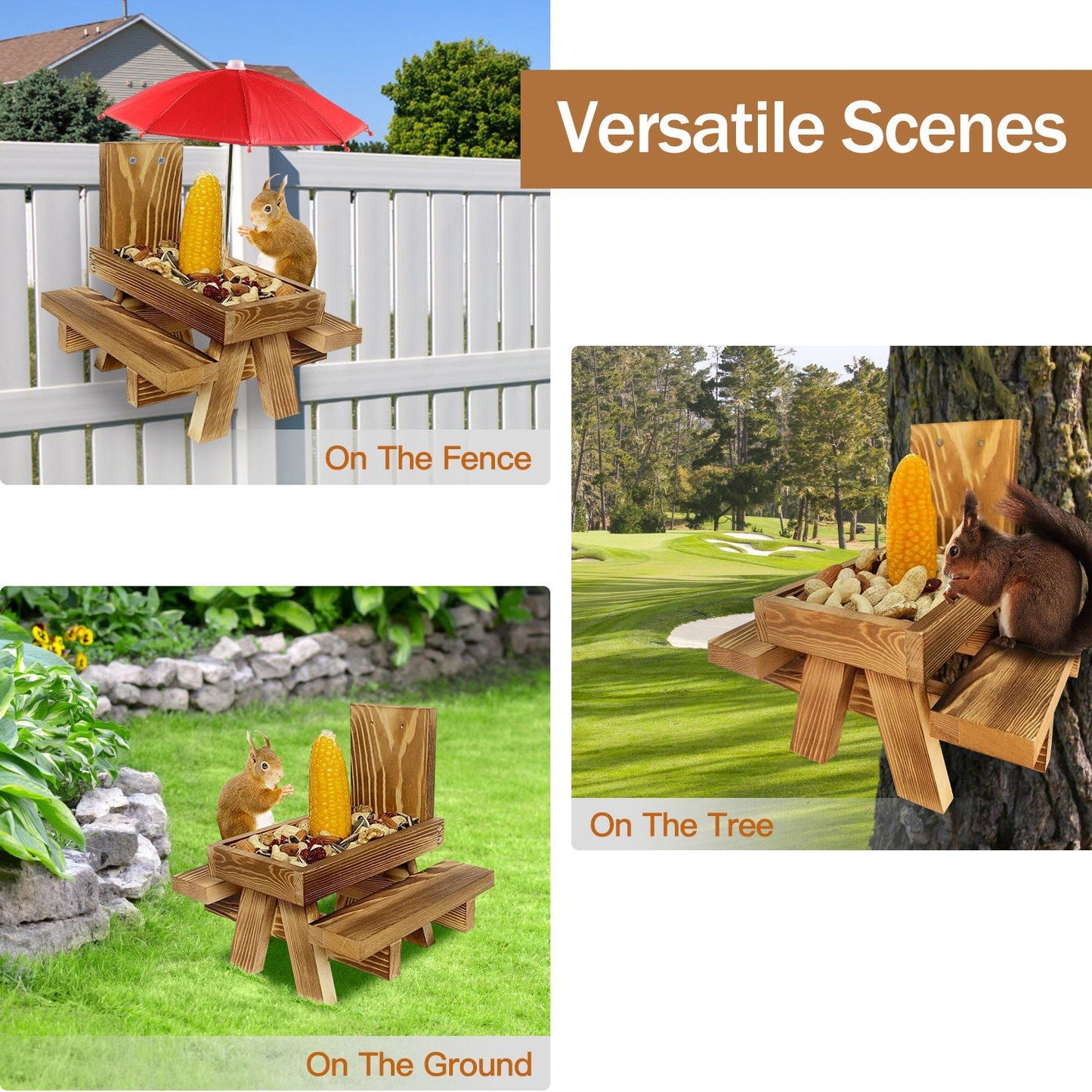 Collage showing feeder mounted on a fence, on a tree and placed on the ground in outdoor settings