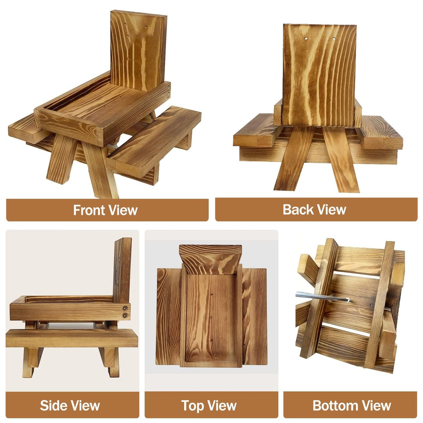 Front, back, side, top and bottom views of the wooden squirrel feeder picnic table