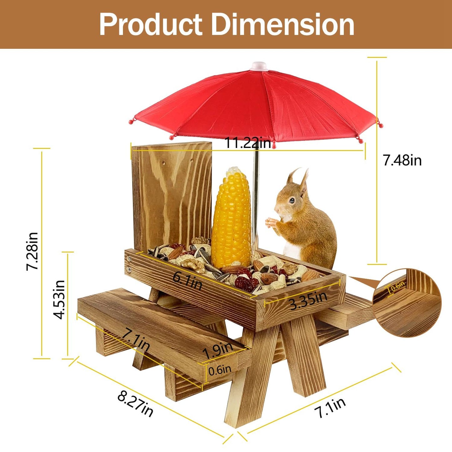 Dimension diagram showing tray, bench and overall measurements with umbrella height and diameter