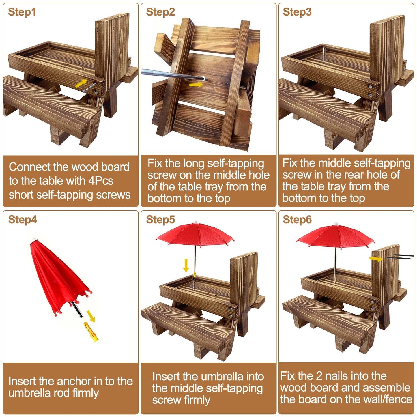Six-step assembly diagram showing screws, umbrella anchor insertion and mounting board to the feeder