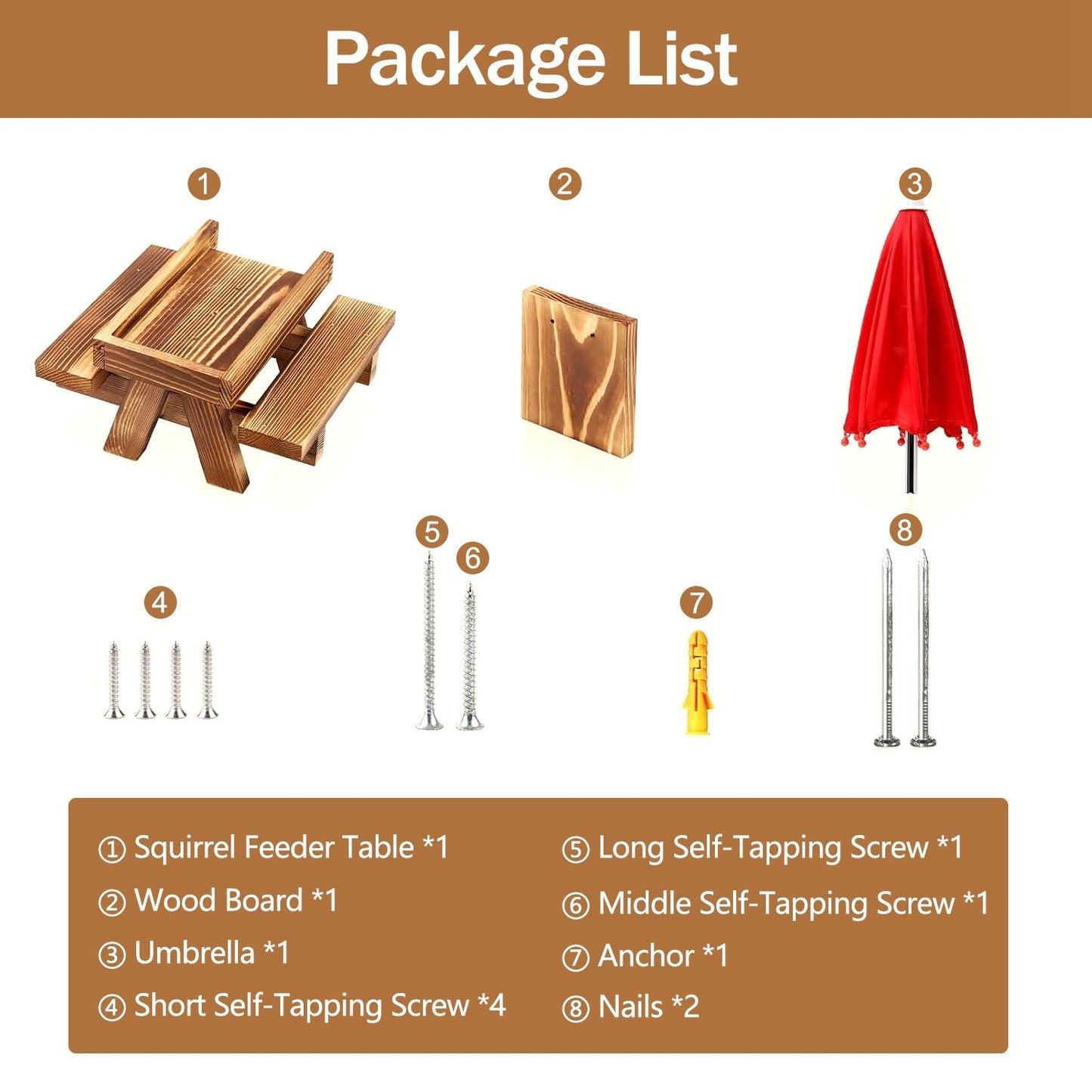Package contents layout showing feeder tray, wood board, umbrella, screws, nails and anchor
