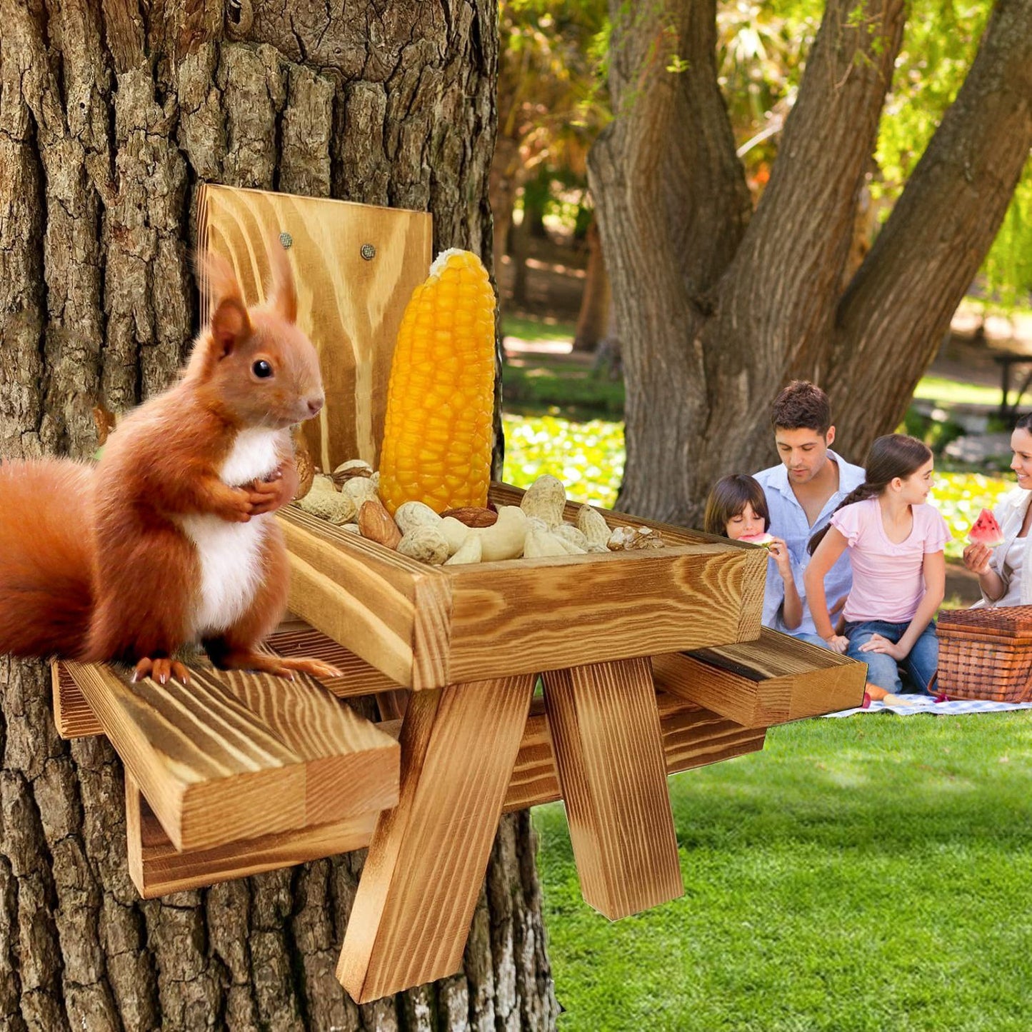 Feeder mounted on a tree with corn and nuts, squirrel perched on bench and people picnicking in background