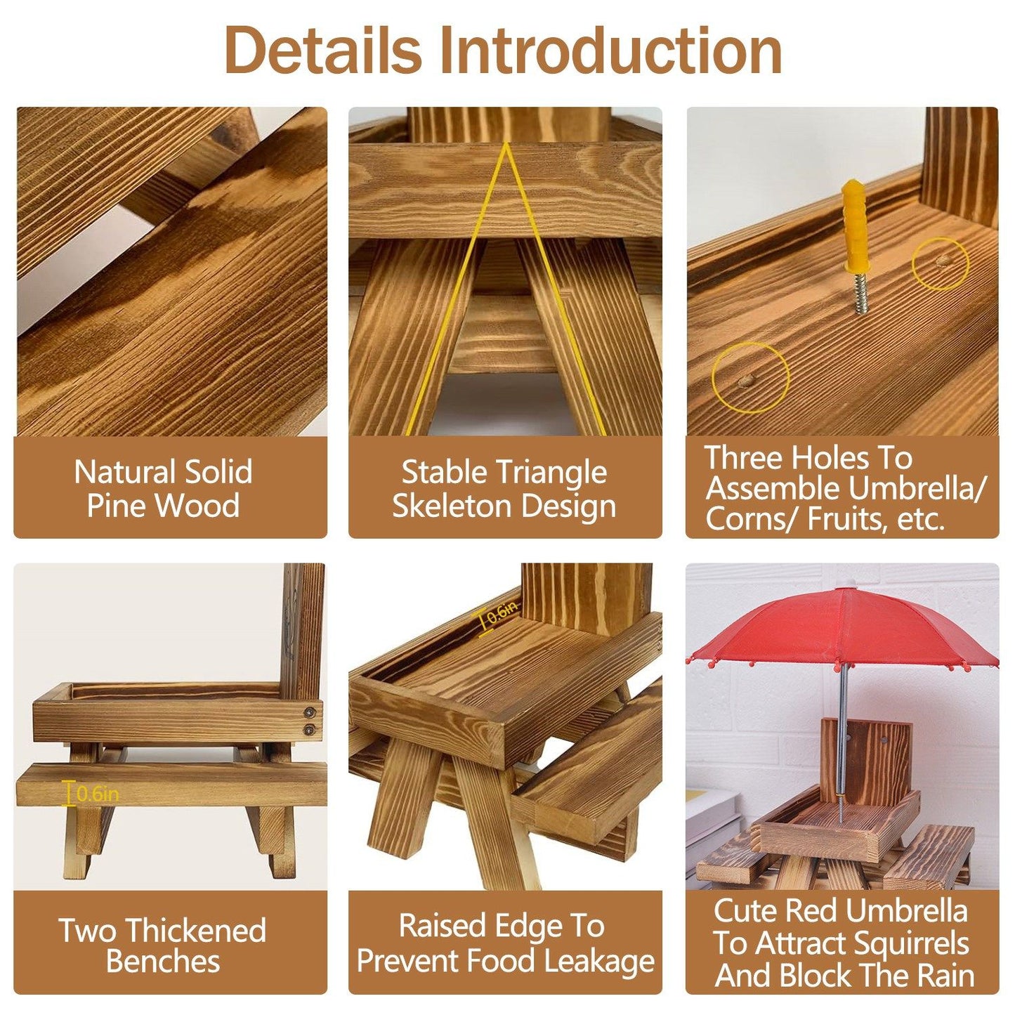 Detail shots of pine wood grain, triangle support, tray holes, raised edge, thick benches and red umbrella