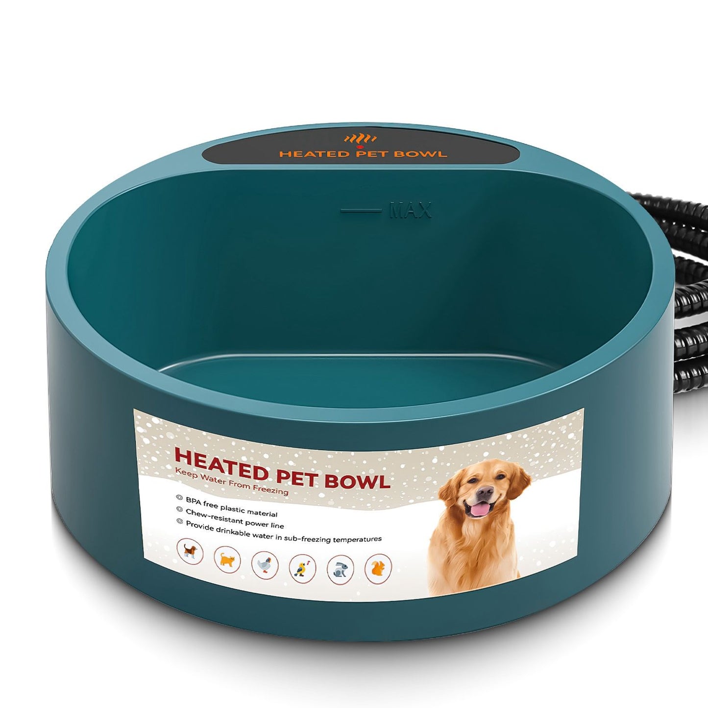 Close-up of army green heated pet bowl showing MAX fill line, exterior label and coiled power cord