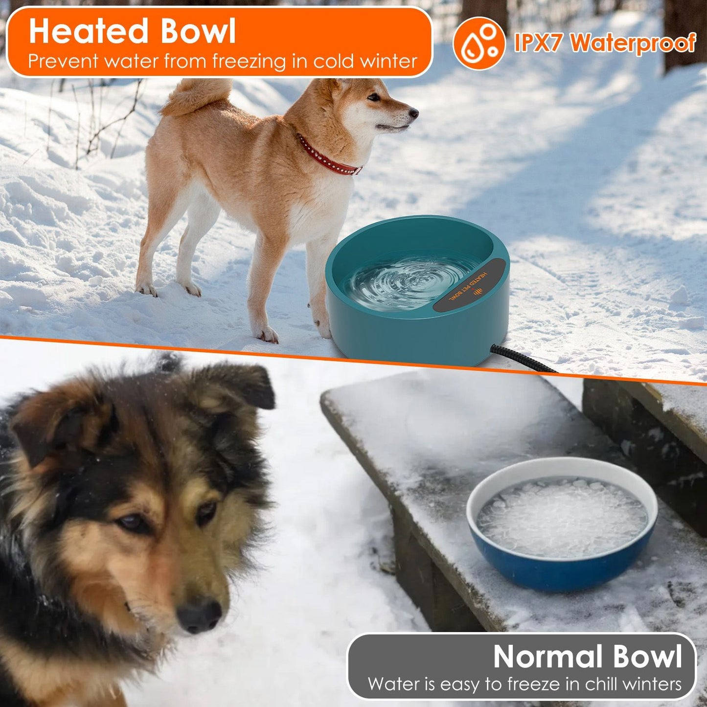 Heated bowl keeping water liquid in snow compared to a normal frozen bowl