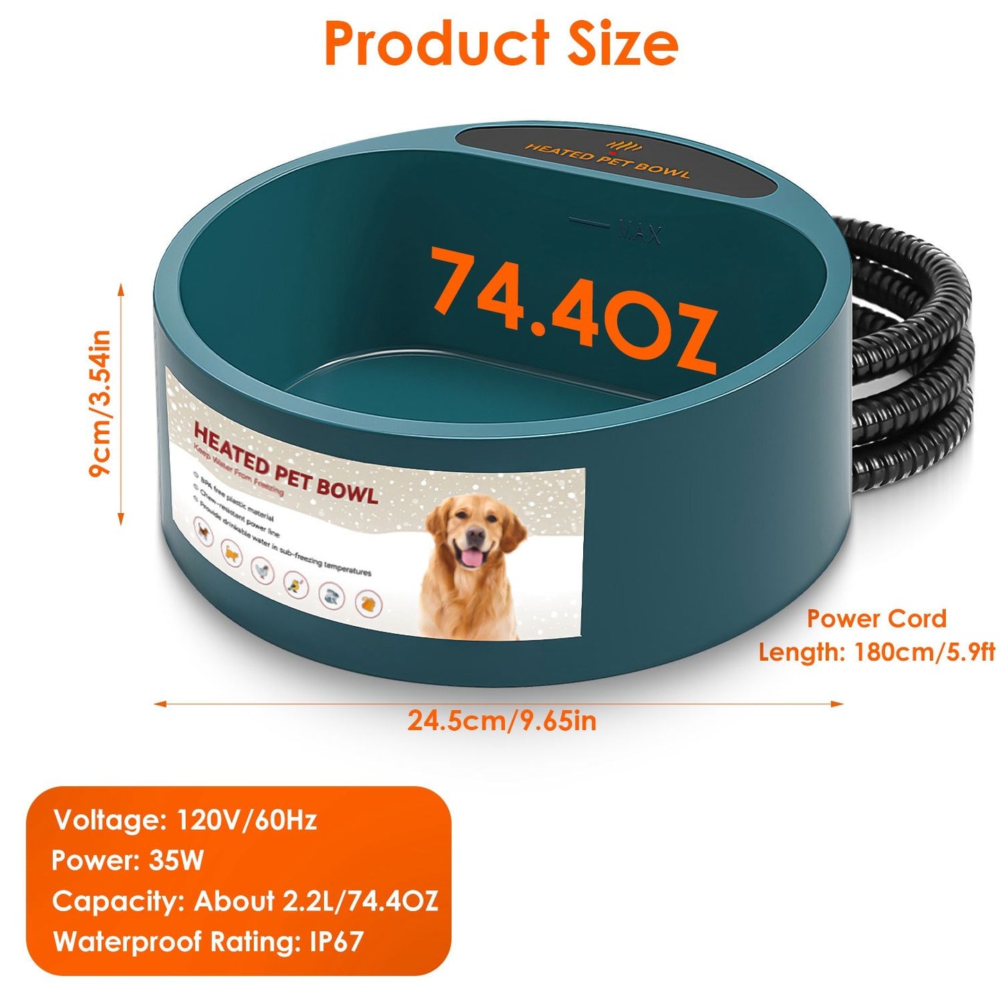 Product size graphic showing 74.4oz capacity, 24.5cm diameter, 9cm height and 5.9ft cord