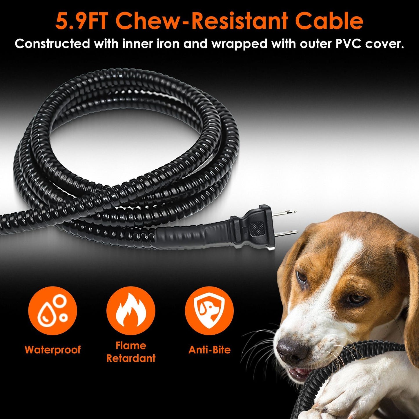 5.9 ft chew-resistant iron-core cable wrapped in black PVC with two-prong plug