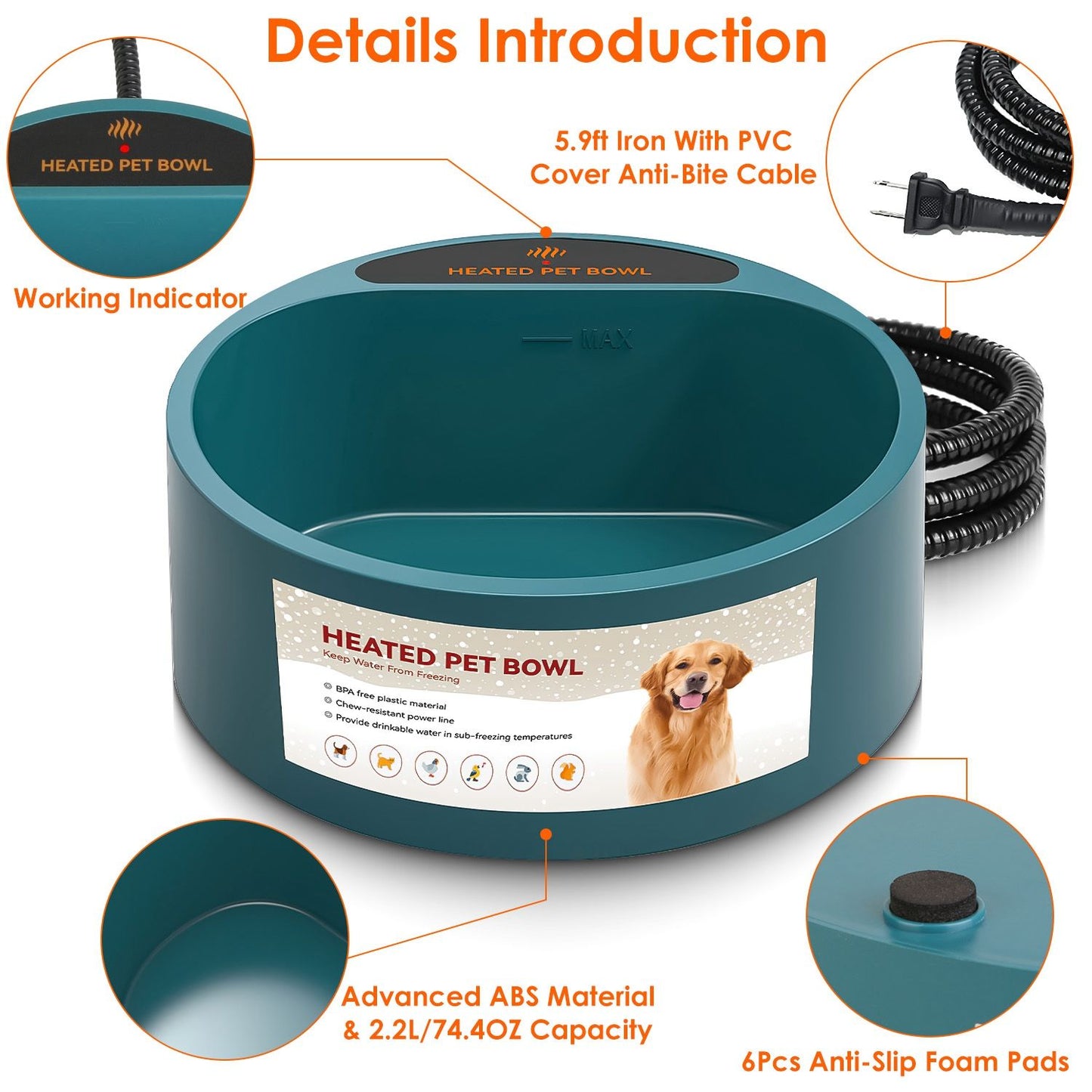 Heated pet bowl close-up showing indicator, MAX fill line, PVC-covered cable and anti-slip pads