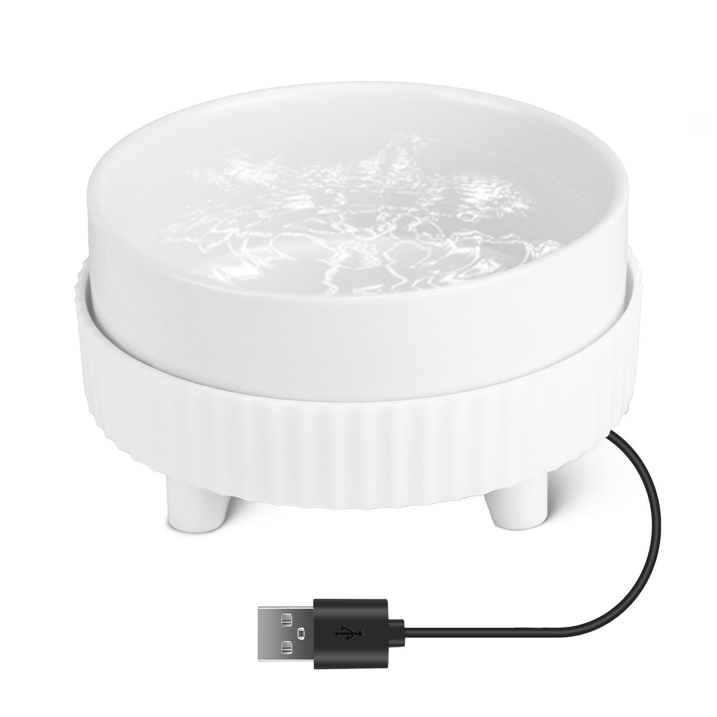 Single heated ceramic bowl on ribbed base with three legs and USB cable plugged in