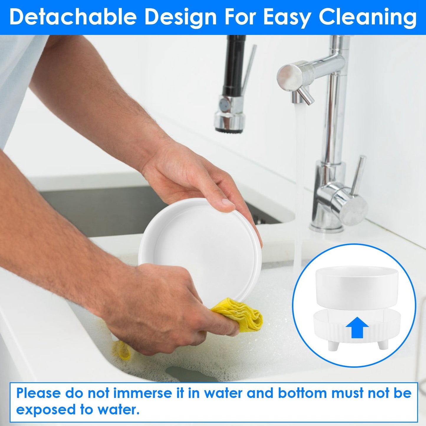 Person hand-washing removable ceramic bowl at sink with inset showing bowl detached from base