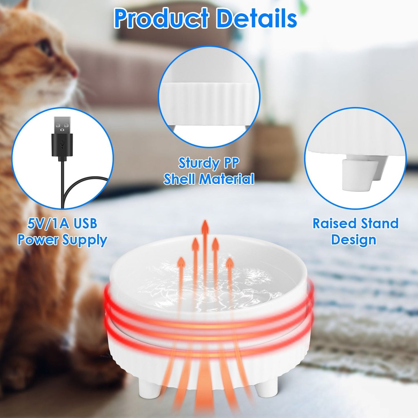 Product detail graphic showing USB power, raised stand feet and heating ring around the bowl