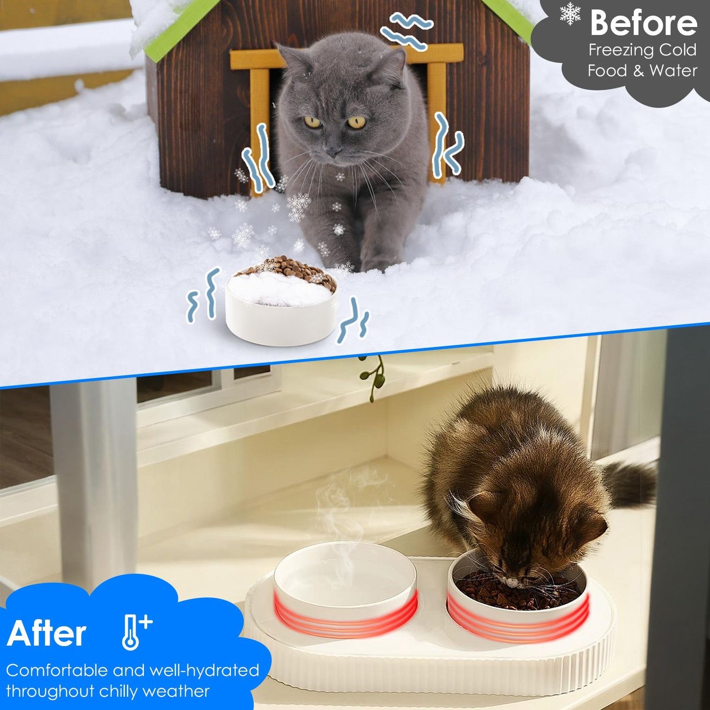 Split scene showing a cat with frozen food outdoors and warm heated bowl indoors for comfortable hydration