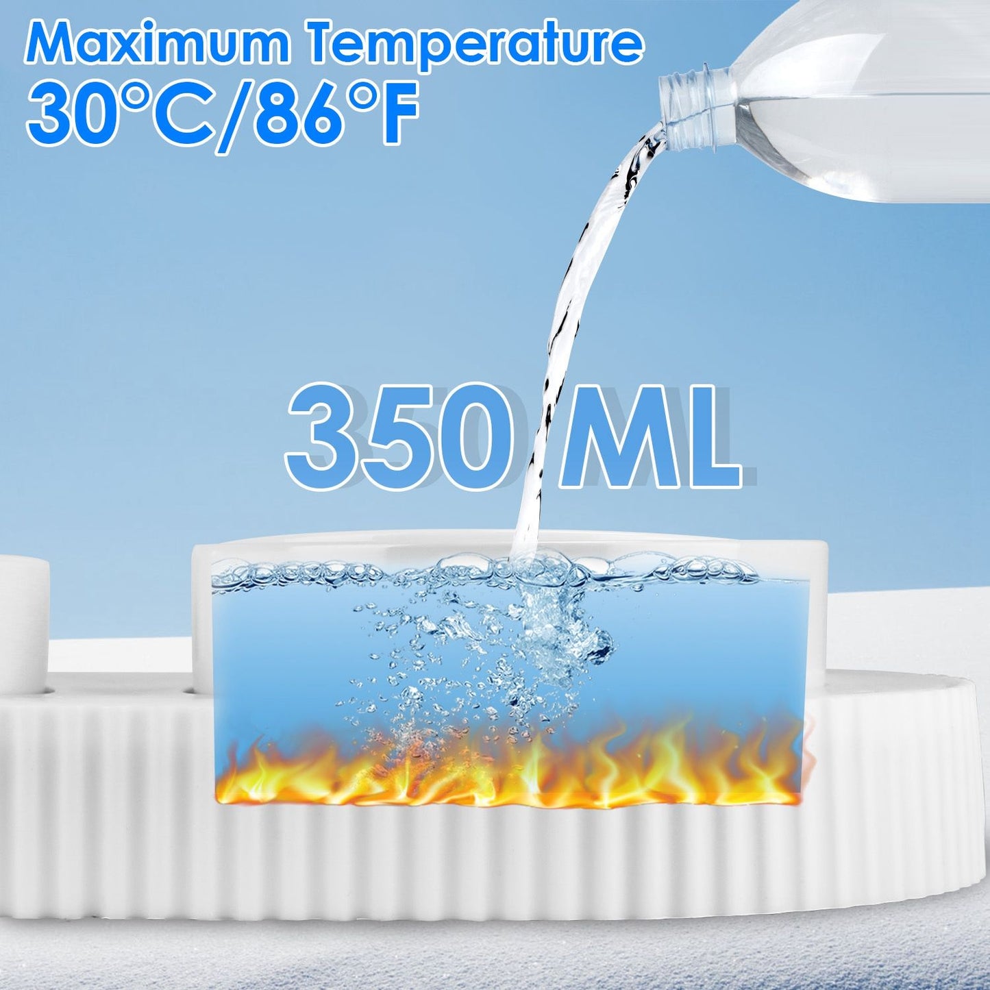 Cross-section graphic showing 350 ml capacity and 30°C/86°F maximum heated bowl performance