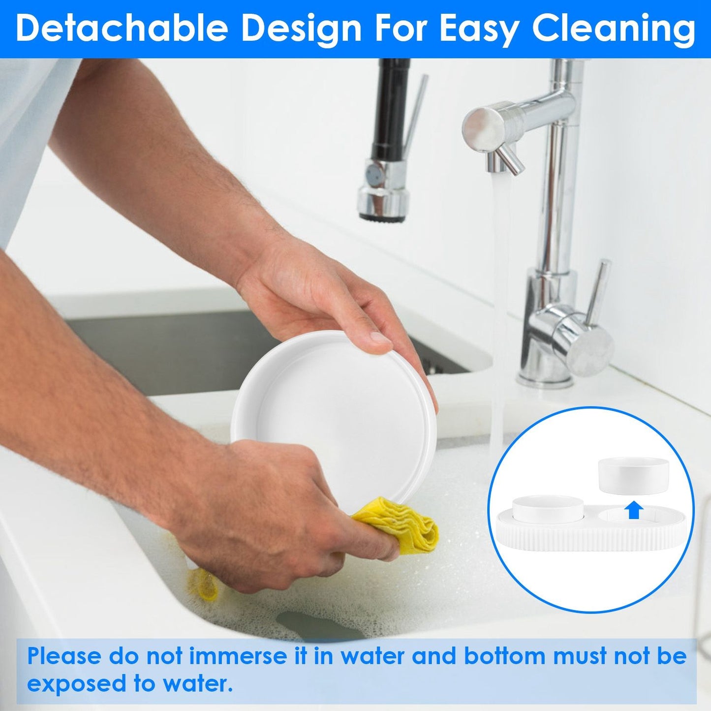 Hand washing a removable ceramic bowl at sink with illustration of detachable design and base caution