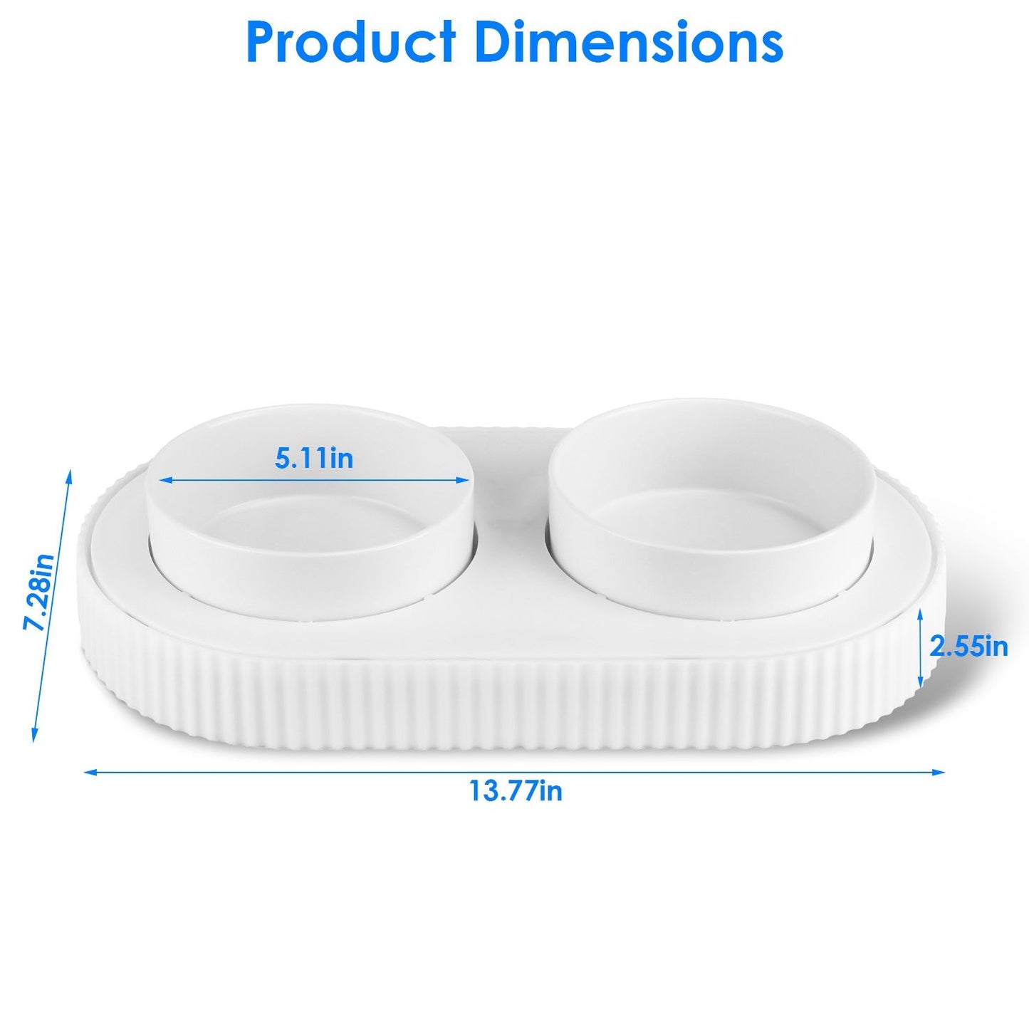 Diagram of dual heated bowl dimensions 13.77 x 7.28 x 2.55 inches and 5.11 inch bowl diameter