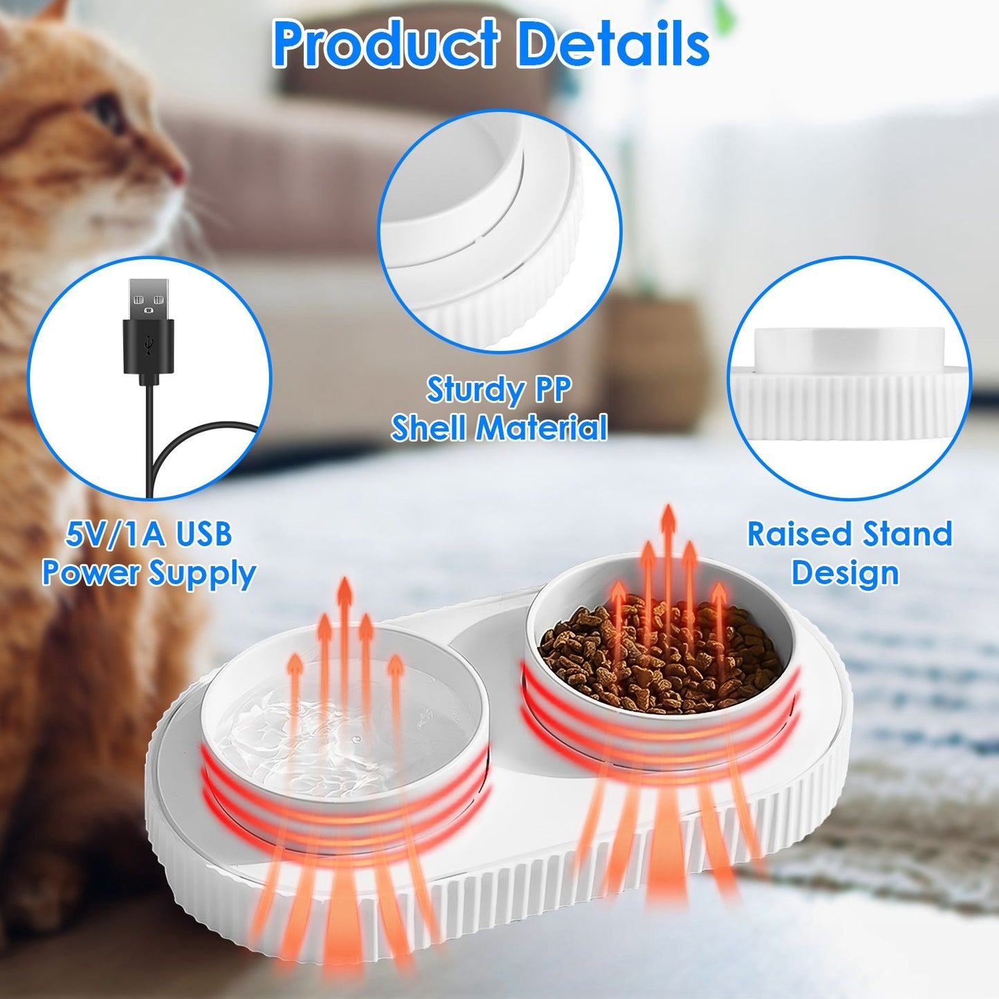 Infographic of heated bowl features showing USB power, PP shell, raised stand and warming air flow