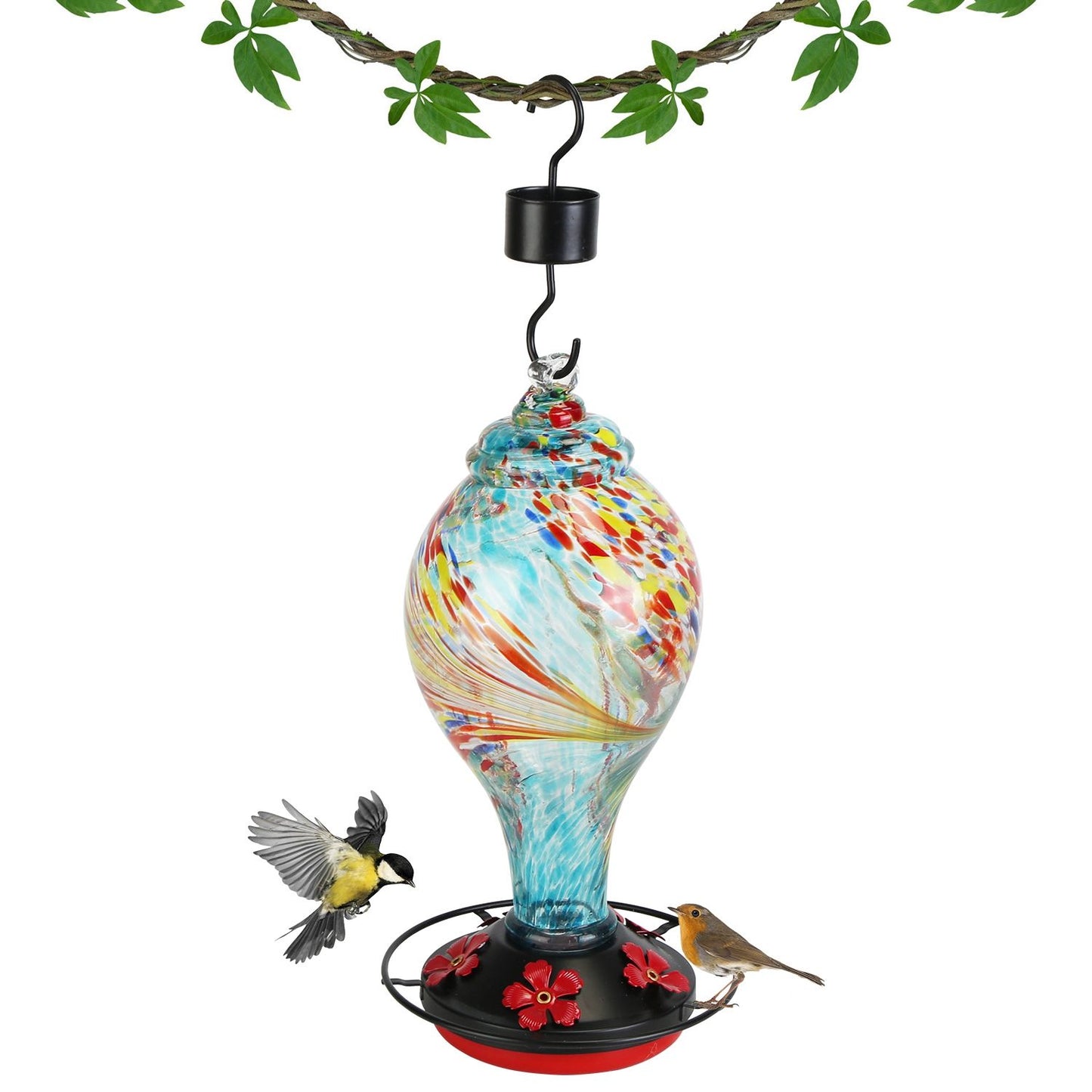 Blue glass hummingbird feeder hanging from S-hook isolated on white background