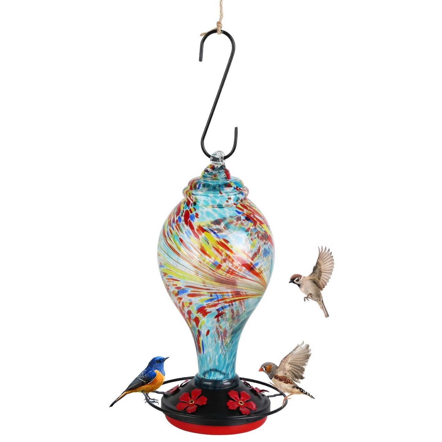 Blue feeder hanging from branch with an apple and birds in a garden setting