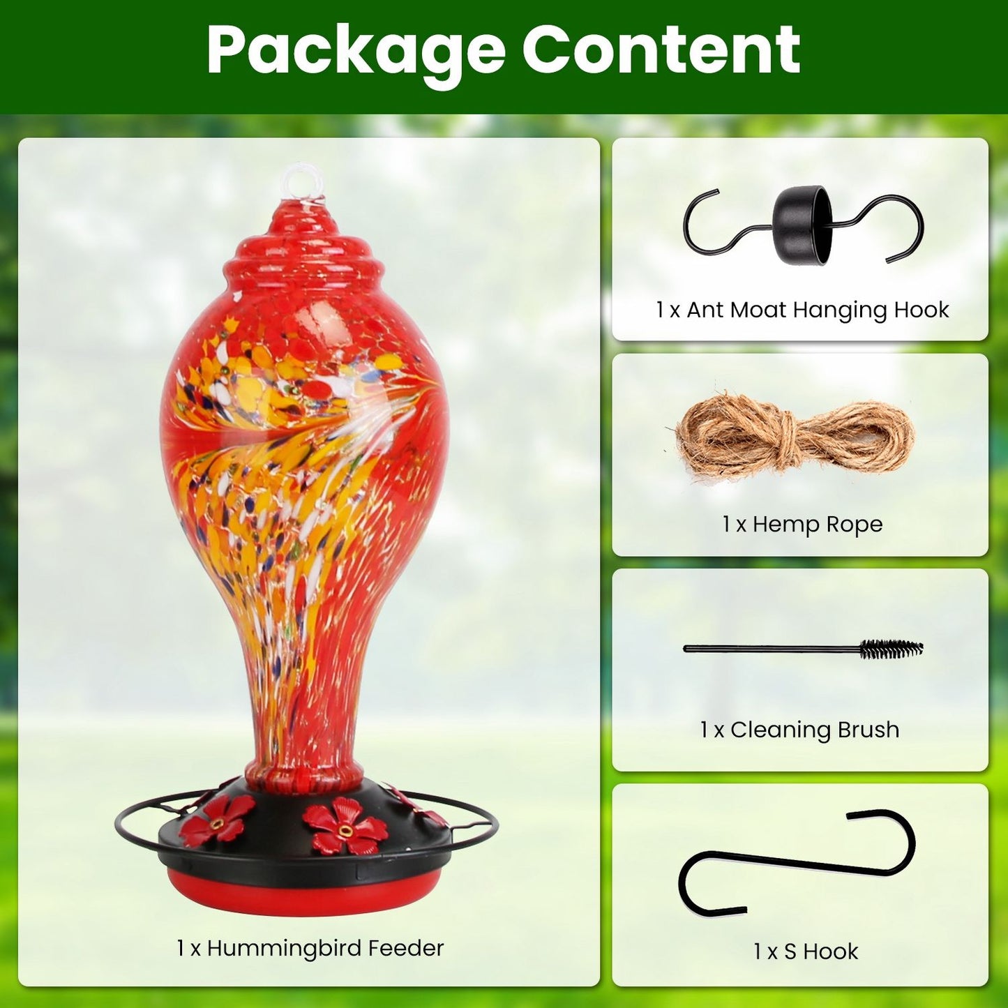 Package contents: feeder, ant moat hanging hook, hemp rope, cleaning brush and S hook