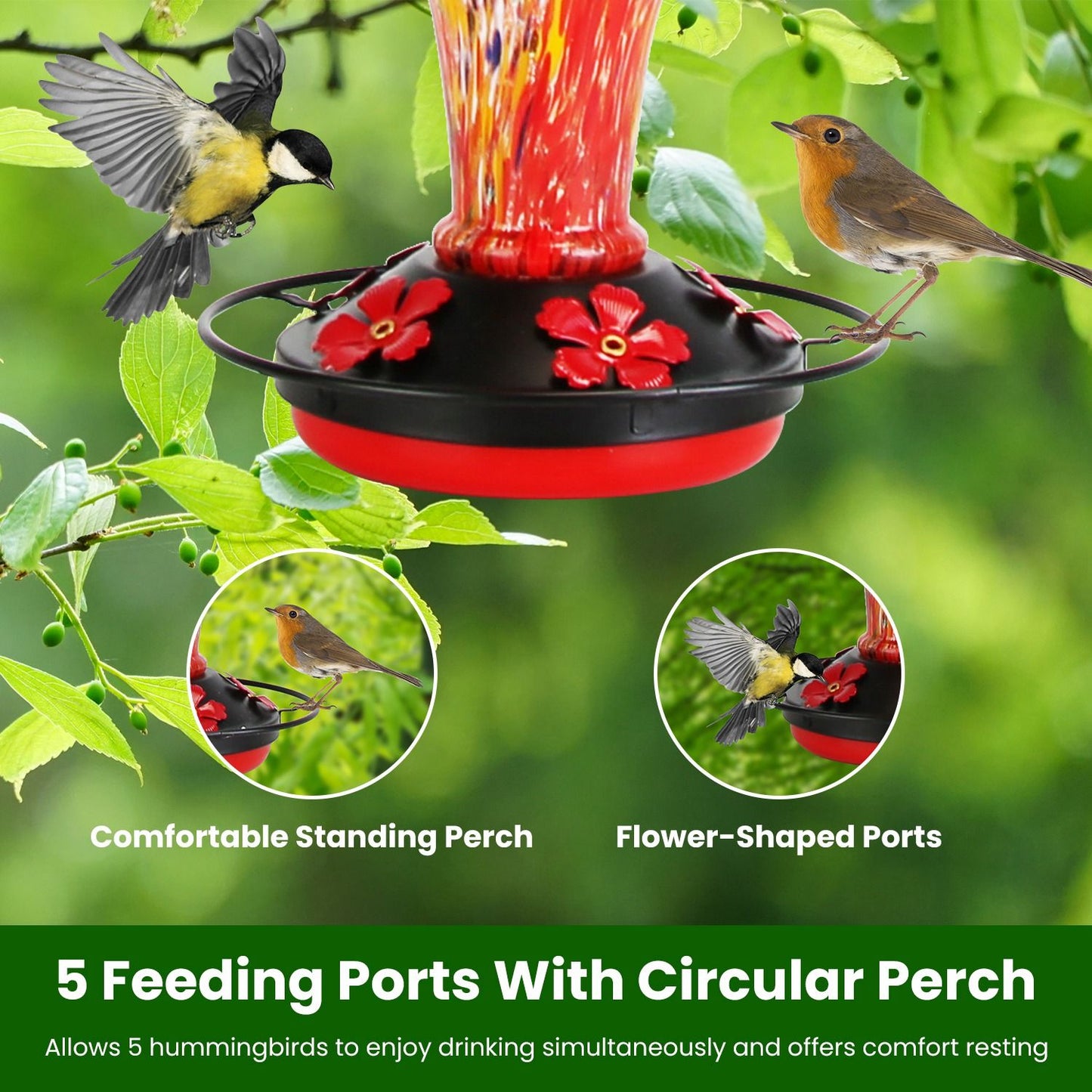 Close view of feeder base with circular perch and five flower-shaped feeding ports