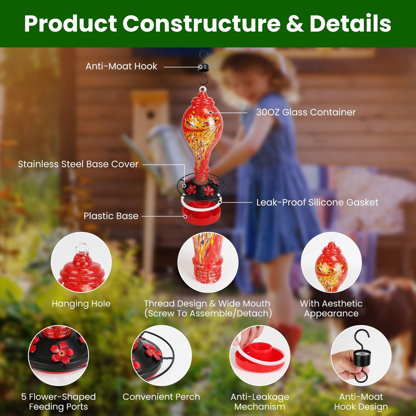 Annotated diagram of feeder showing 33oz glass container, silicone gasket and stainless steel base