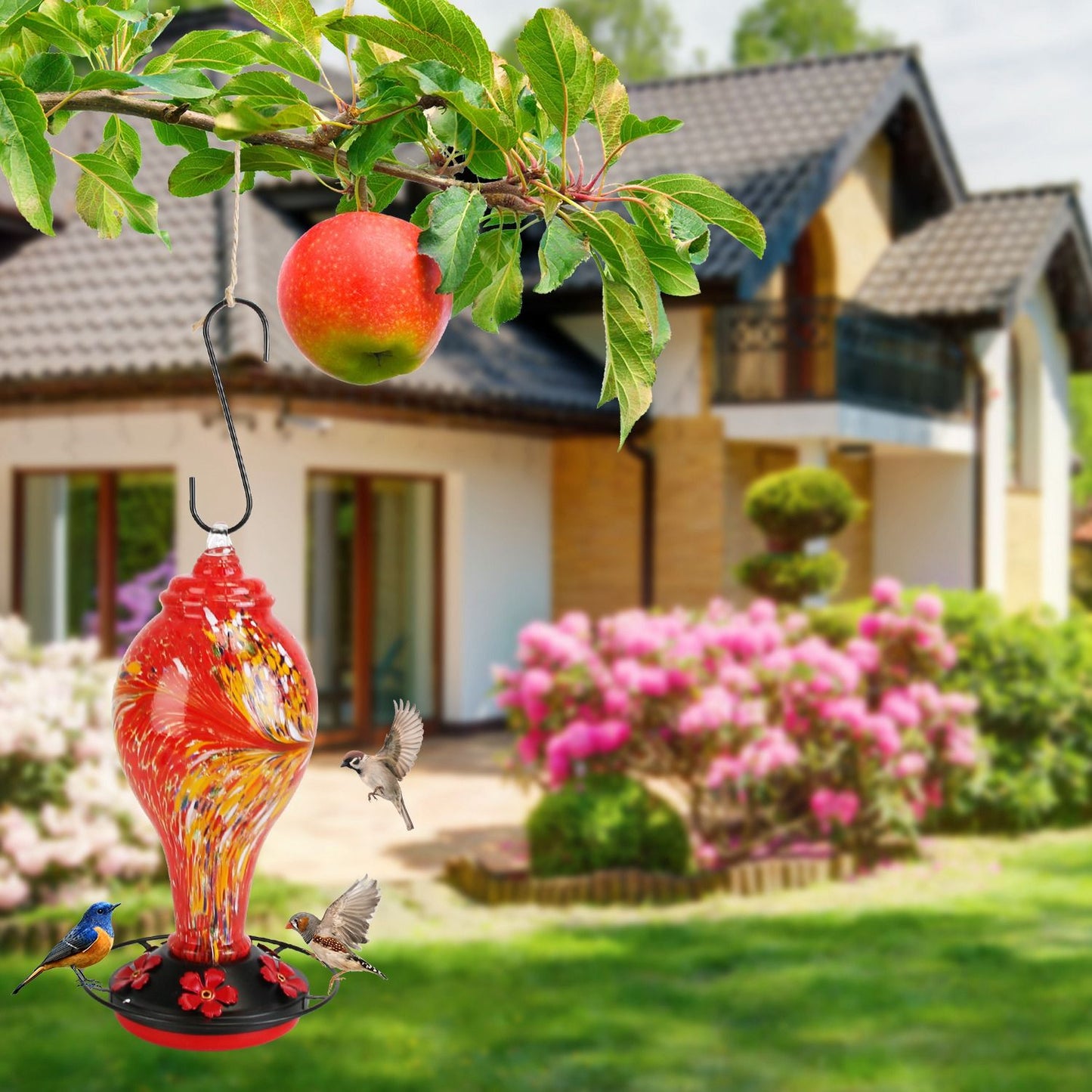 Lifestyle scene with feeder shown hanging near walking couple in a park