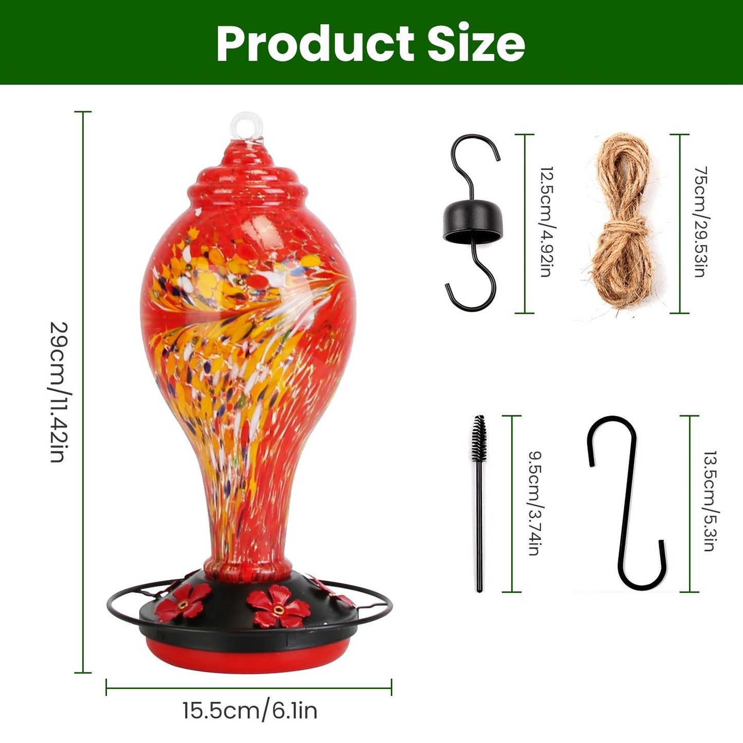 Dimension diagram showing 29 cm tall feeder and 15.5 cm base with accessory measurements