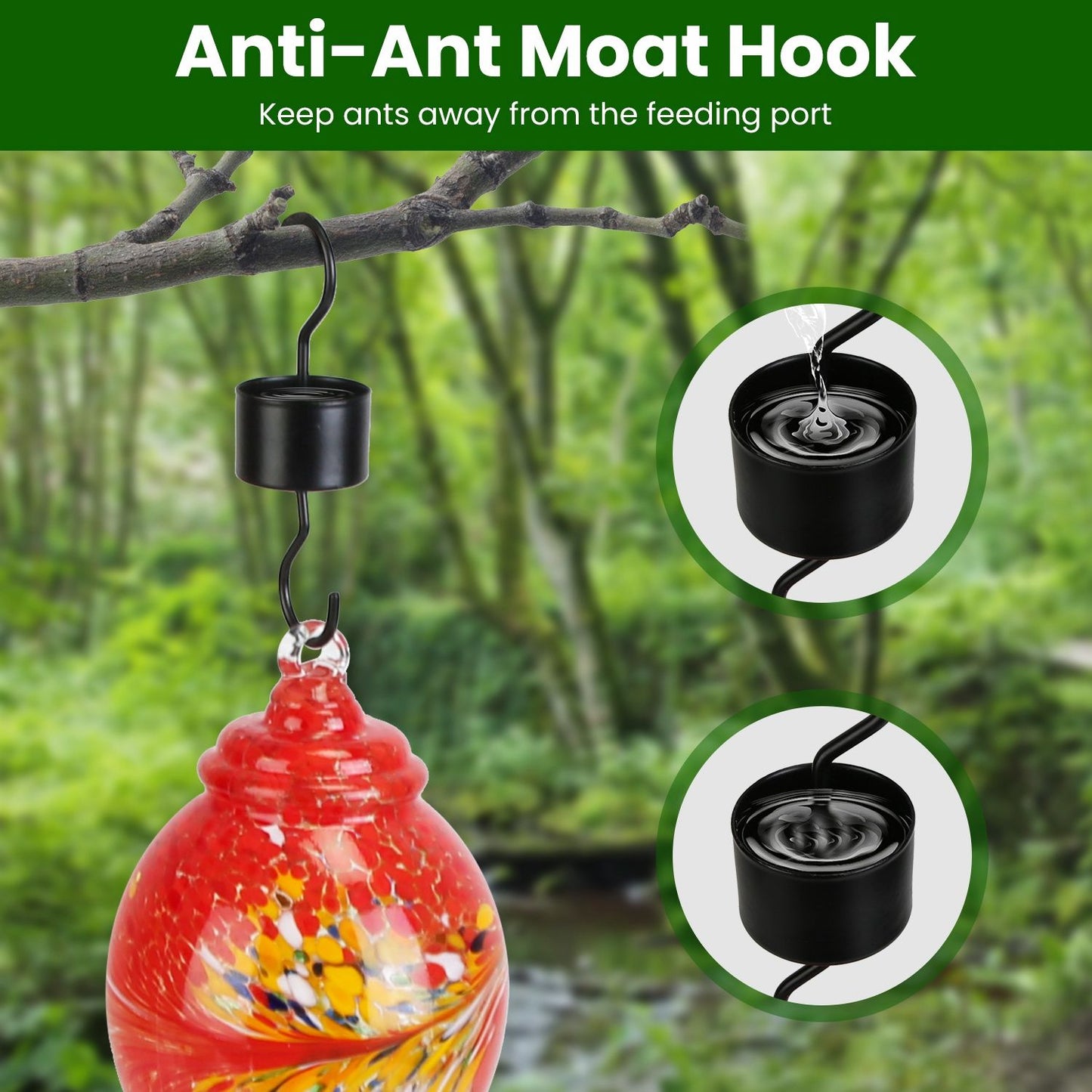 Ant moat hanging hook shown filled with water to prevent ants reaching the feeder