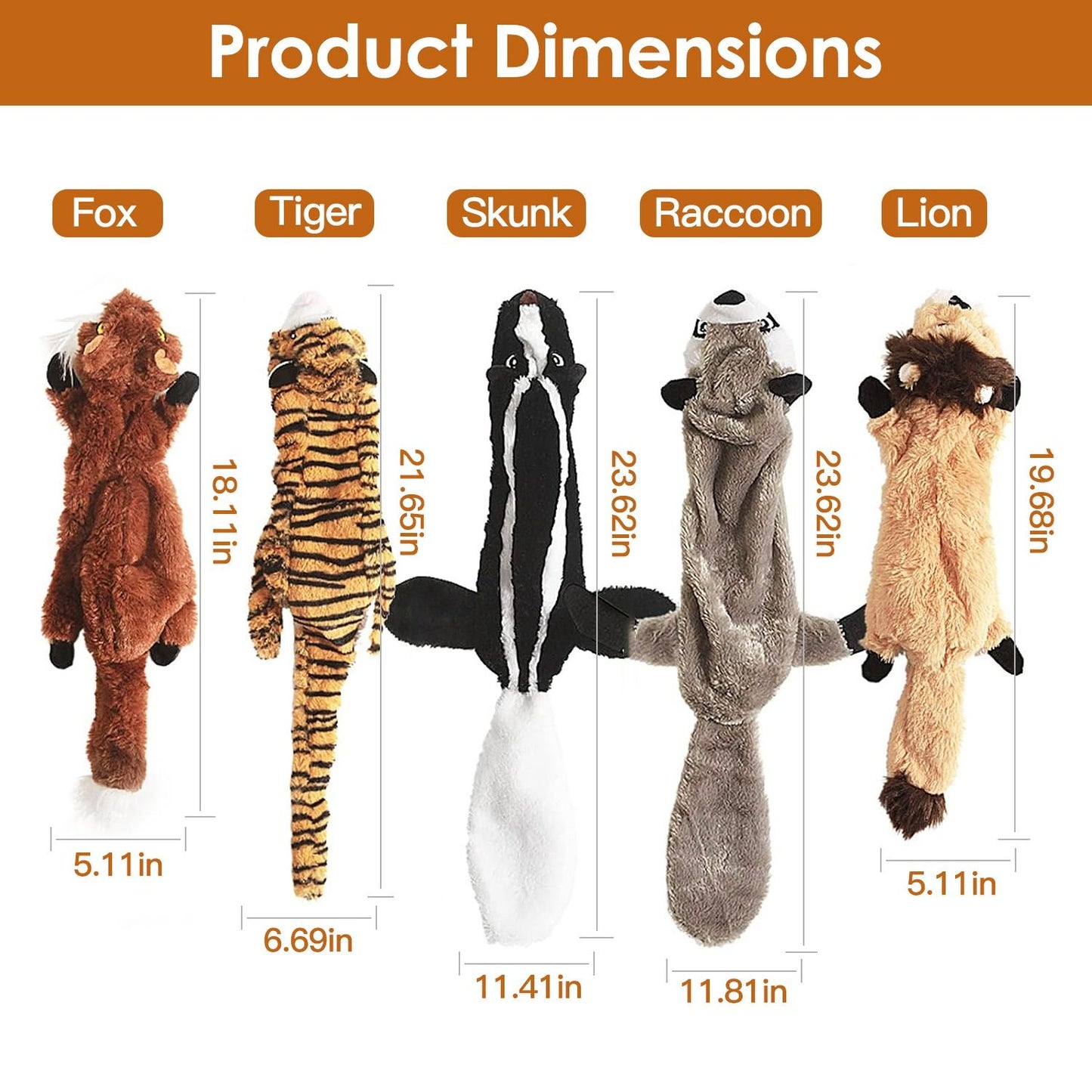 Dimensions chart for fox tiger skunk raccoon and lion no-stuffing plush squeaky toys with lengths and widths