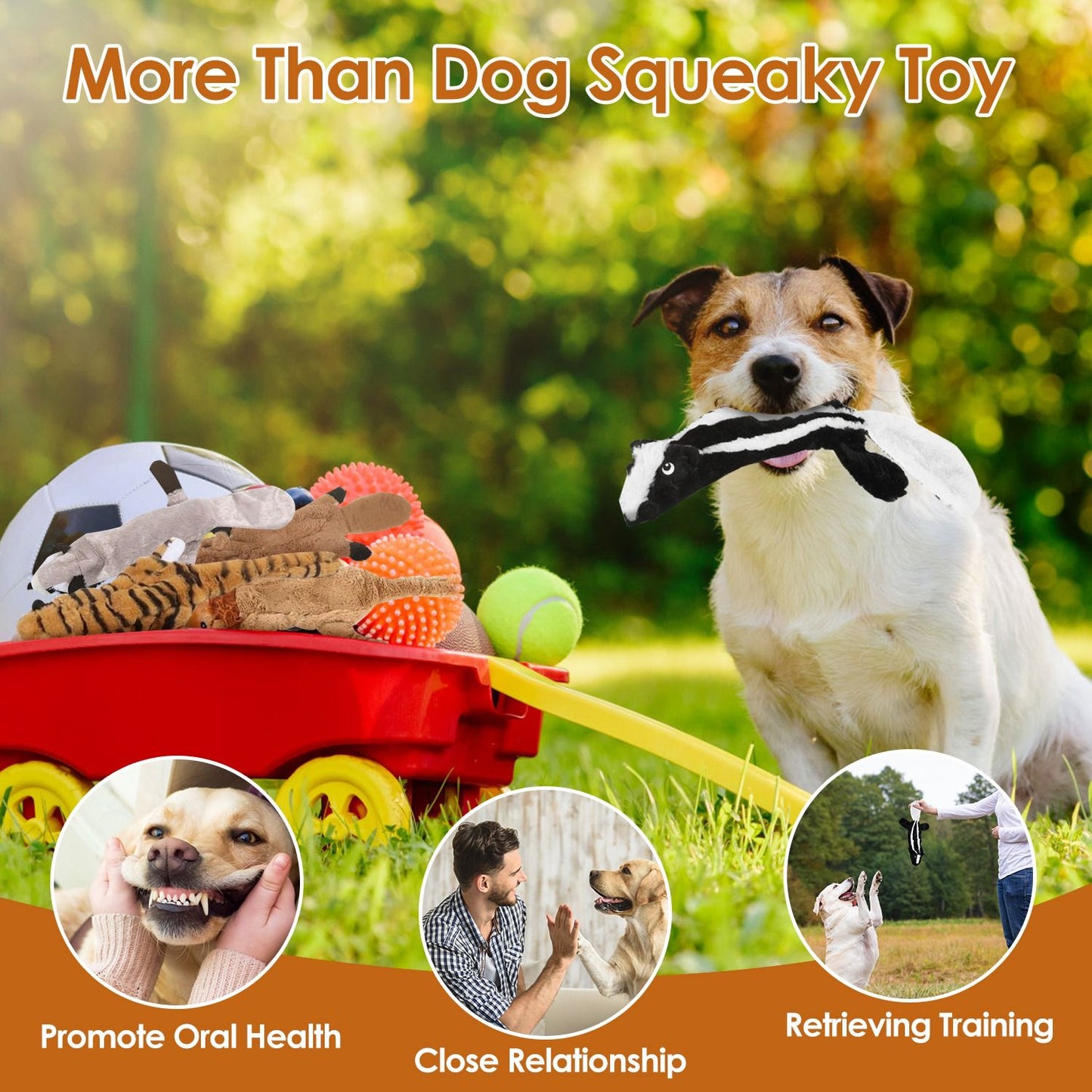 Red wagon of plush no-stuffing squeaky toys on grass with a dog holding a skunk toy for retrieving play